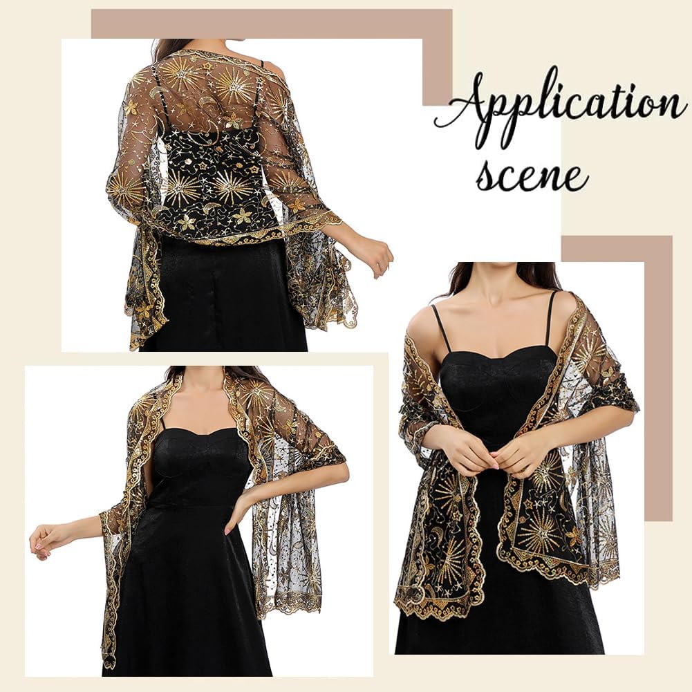 Black Sequin Shawls and Wraps 1920s Gold Sequins Beaded Shawl Wrap Long Womens Polyester Sheer Mesh Flapper Evening Scarf for Women Formal Party Wedding Dress Bridal Cover Up Accessories - Image 4