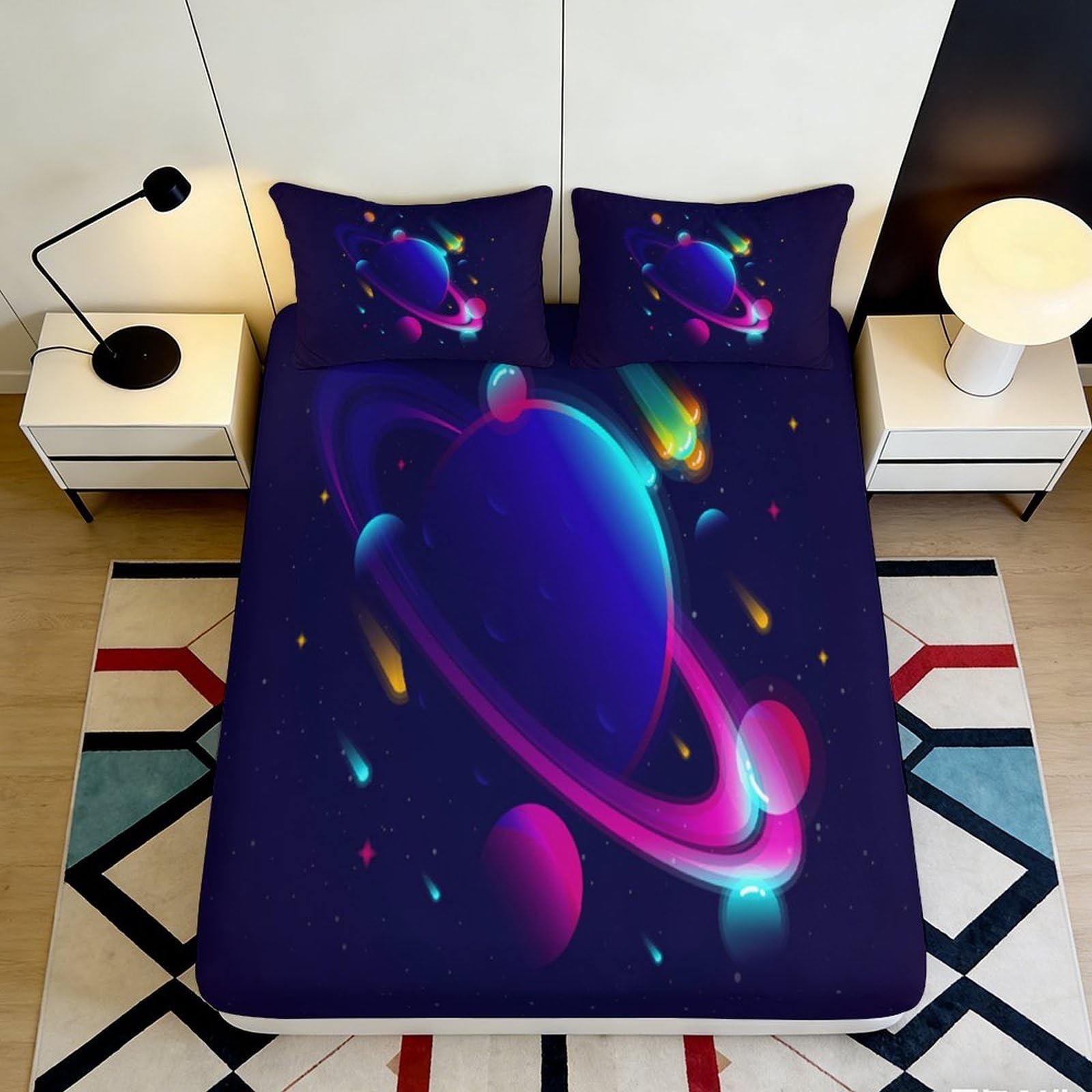 3D Printed Galaxy Space Fitted Sheet Microfiber Elastic Hem Deep Pocket Cosmic Mattress Fitted Cover Non-Slip Bedroom Bedding 90x200x25cm