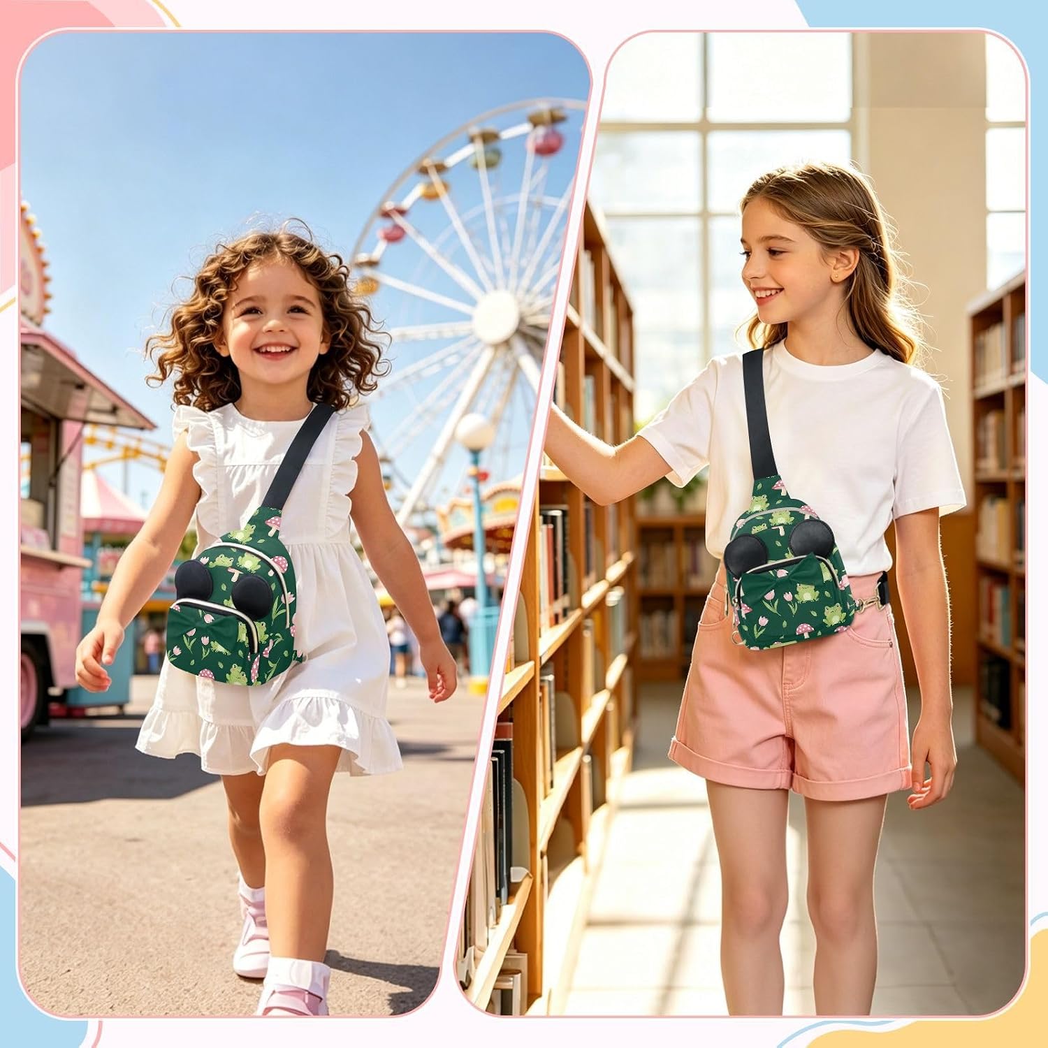 Sinestour Frogs Kids Sling Bag for Girls, 5.7x7.5x3.1In | Crossbody Fanny Pack, Toddler Purse, Cute Sling Belt Bag with Ears, 2L Small Shoulder Chest Bag for Travel