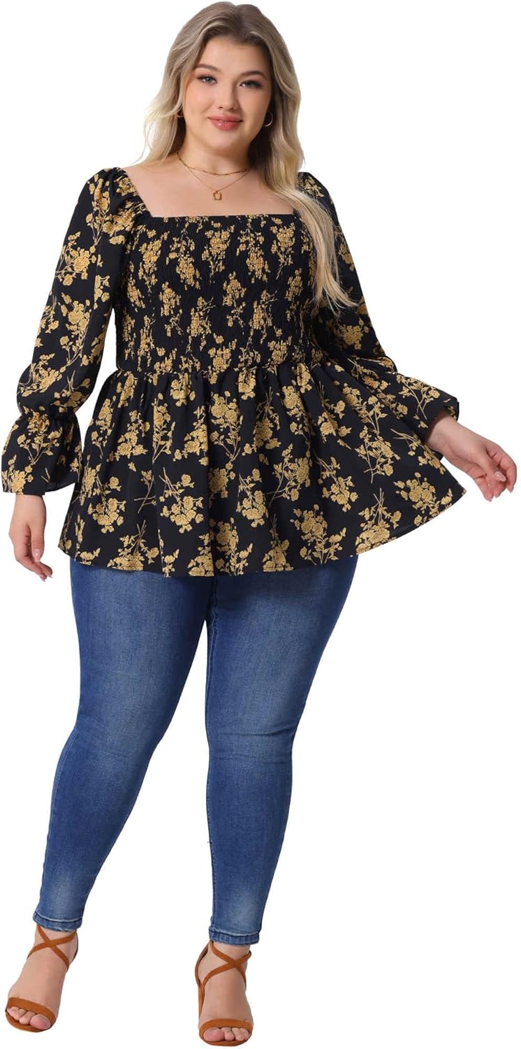 Agnes Orinda Plus Size Women's Floral Print Tops Square Neck Long Sleeve Casual Smocked Peplum Blouses Shirts - Image 3
