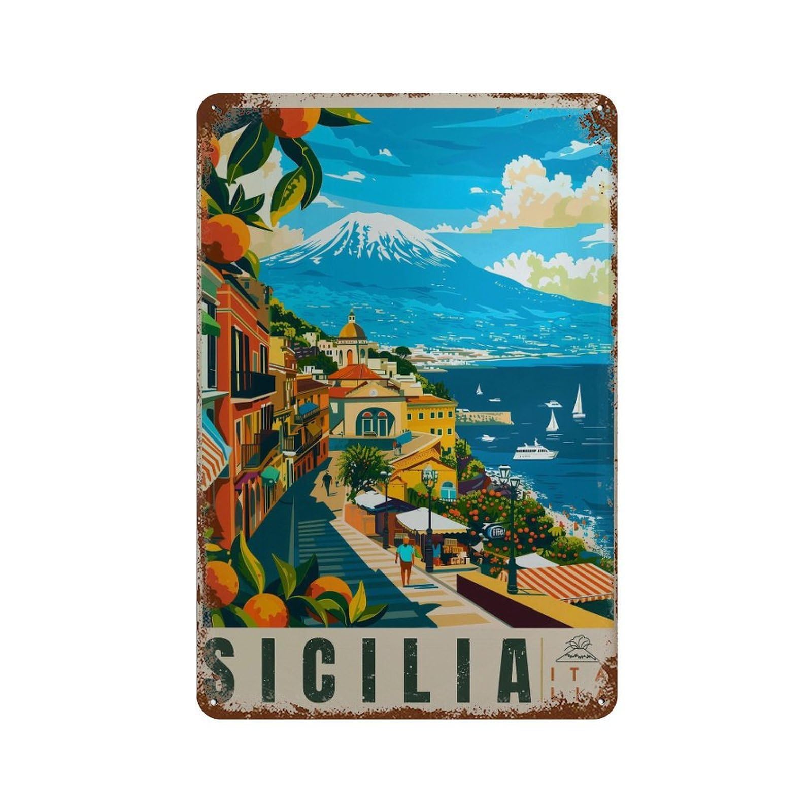 xiaoxiaoshen Sicily Travel Mount Etna & Taormina Italy Wall Decor Art Metal Tin Poster Modern Home Decor Art Home Bar Shop Decorations Vintage Sign 30x20cm