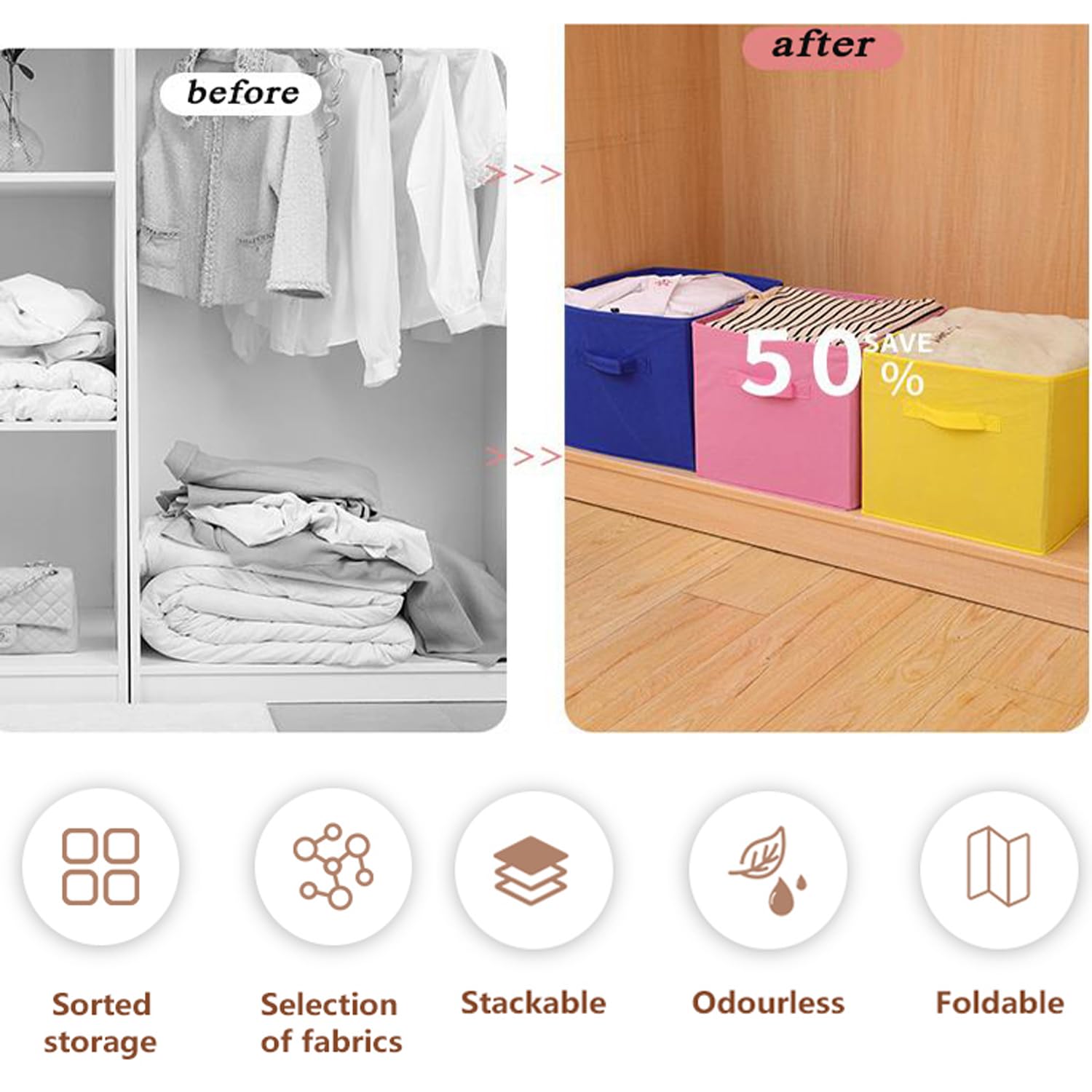 Cajas de almacenamiento con asas, organizador de almacenamiento plegable para estantes, armario, hogar, oficina, ropa, cestas de juguetes (6 unidades, 28 cm, negro)