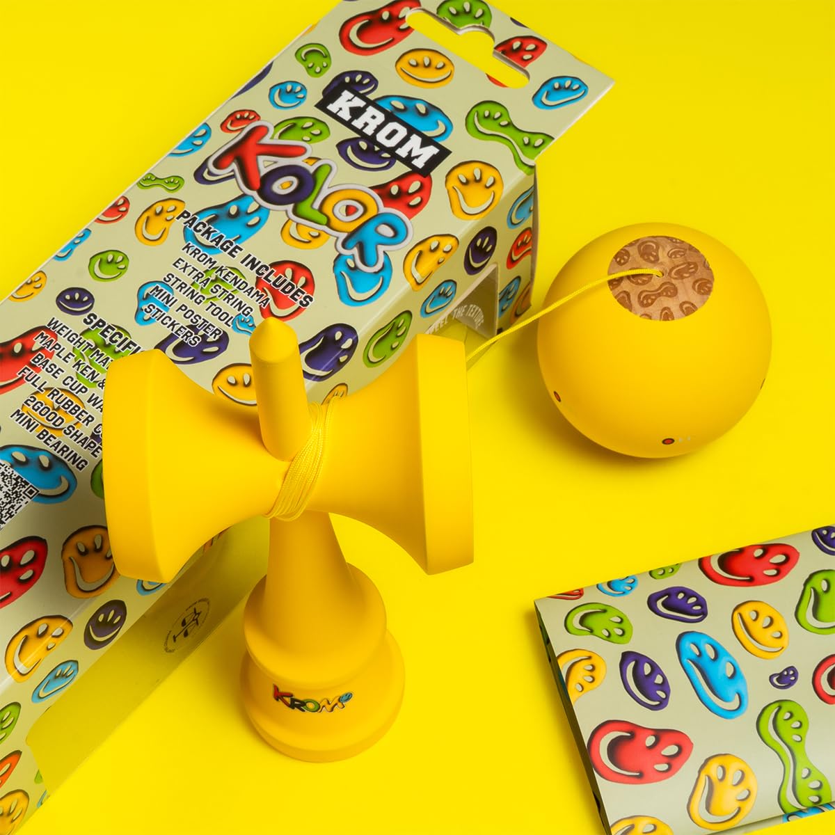 KROM Kendama KOLOR Gelb – Kendama mit Gummibeschichtung, 2GOOD Shape, Ahorn-Ken & Buchen-Tama