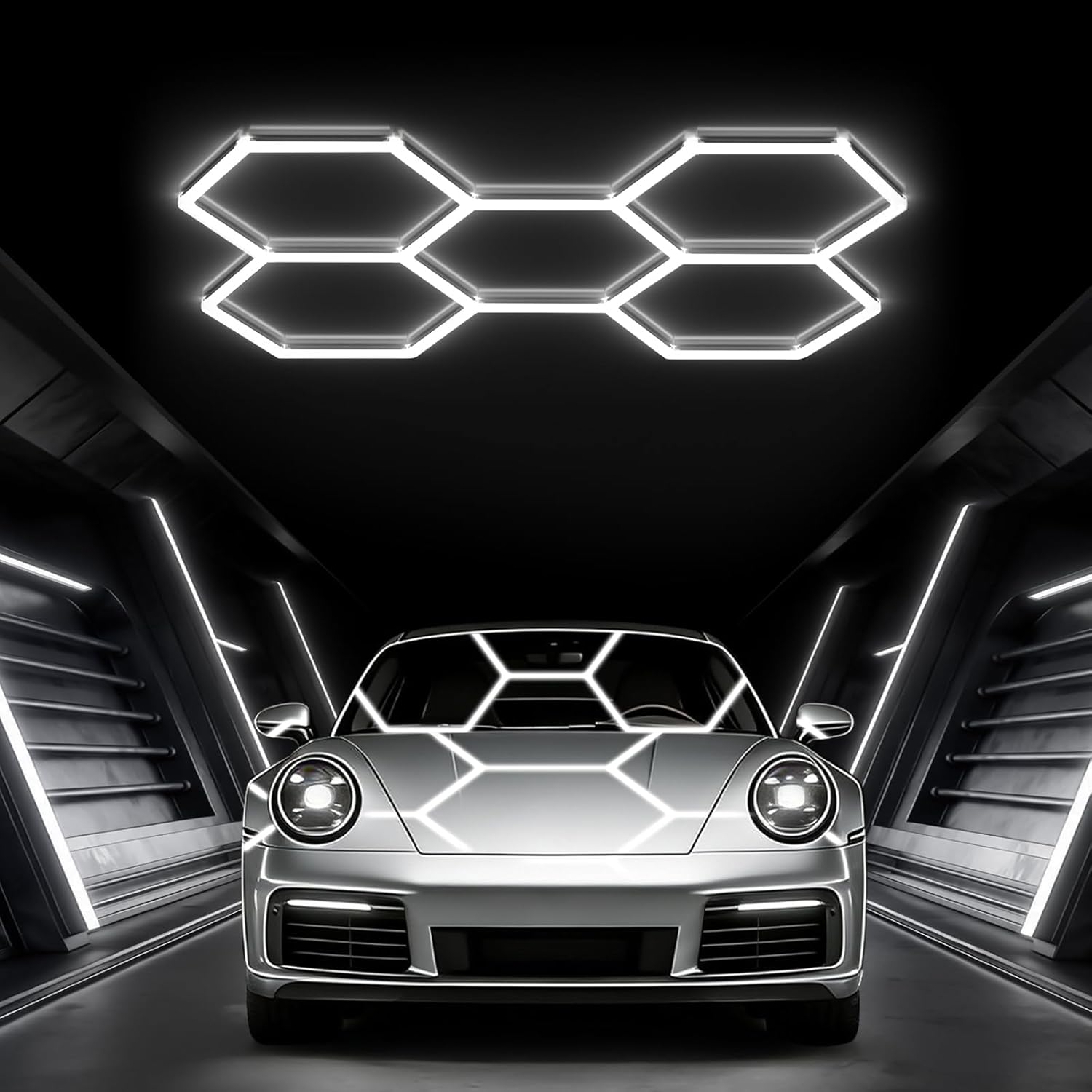 Glitgate Hexagon LED Garage Light, 168W 18480LM 5-Grid Honeycomb Hex Lighting System, 6500K Ultra Bright Ceiling Light for Garage, Car Detailing Shop, Workshop, Basement, Gym