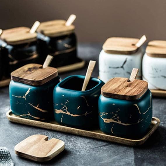 Kitchen Seasoning Tank Set, Creative Marble Pattern Ceramic Spice Jar, BBQ Pepper Salt Shakers Paprika Bottle, Delicacy Seasoning Box, 3pcs/Set, for Kitchen-Black