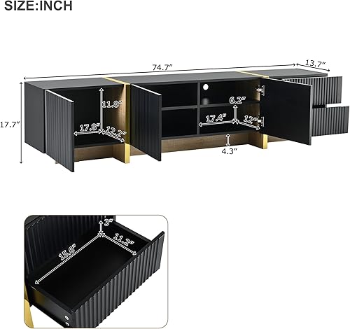 Miniatura 9 de Royard Oaktree Soporte de TV para televisores de hasta 80 pulgadas, moderno centro de entretenimiento con superficie UV de alto brillo, consola