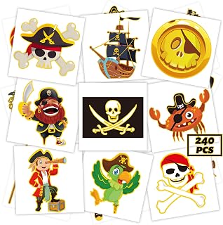 winthrop 240 Pcs Bulk Pirate Glitter Temporary Tattoos for Kids, Flash Gold Individually Wrapped Waterproof Safety Tattoos, Best Choice for Pirate Party Favors, 60 Different Designs Pirate Ships