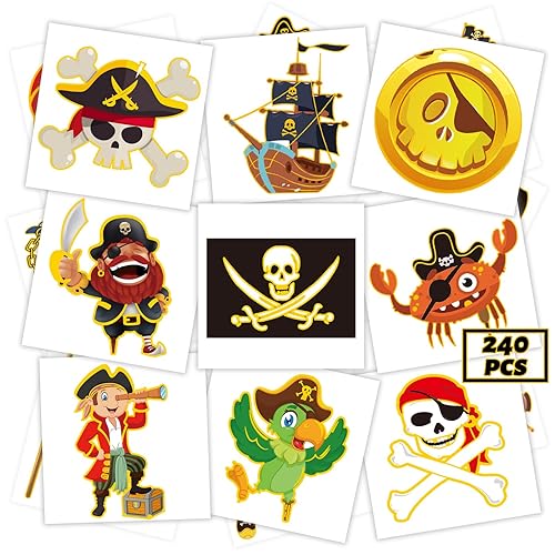 winthrop 240 tatuajes temporales con purpurina pirata a granel para niños, tatuajes de seguridad impermeables envueltos individualmente en oro
