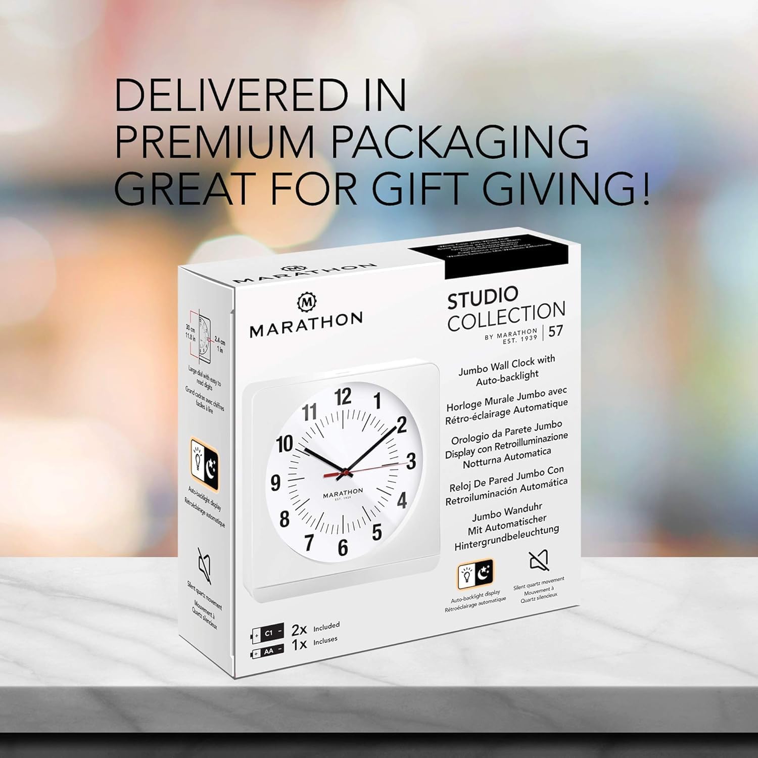 Marathon Classic Silent Non-Ticking Wall Clock | 12” Square Wall Clock That is Easy to Read | Warm Amber Auto Backlit | Elegant Mantel Clock