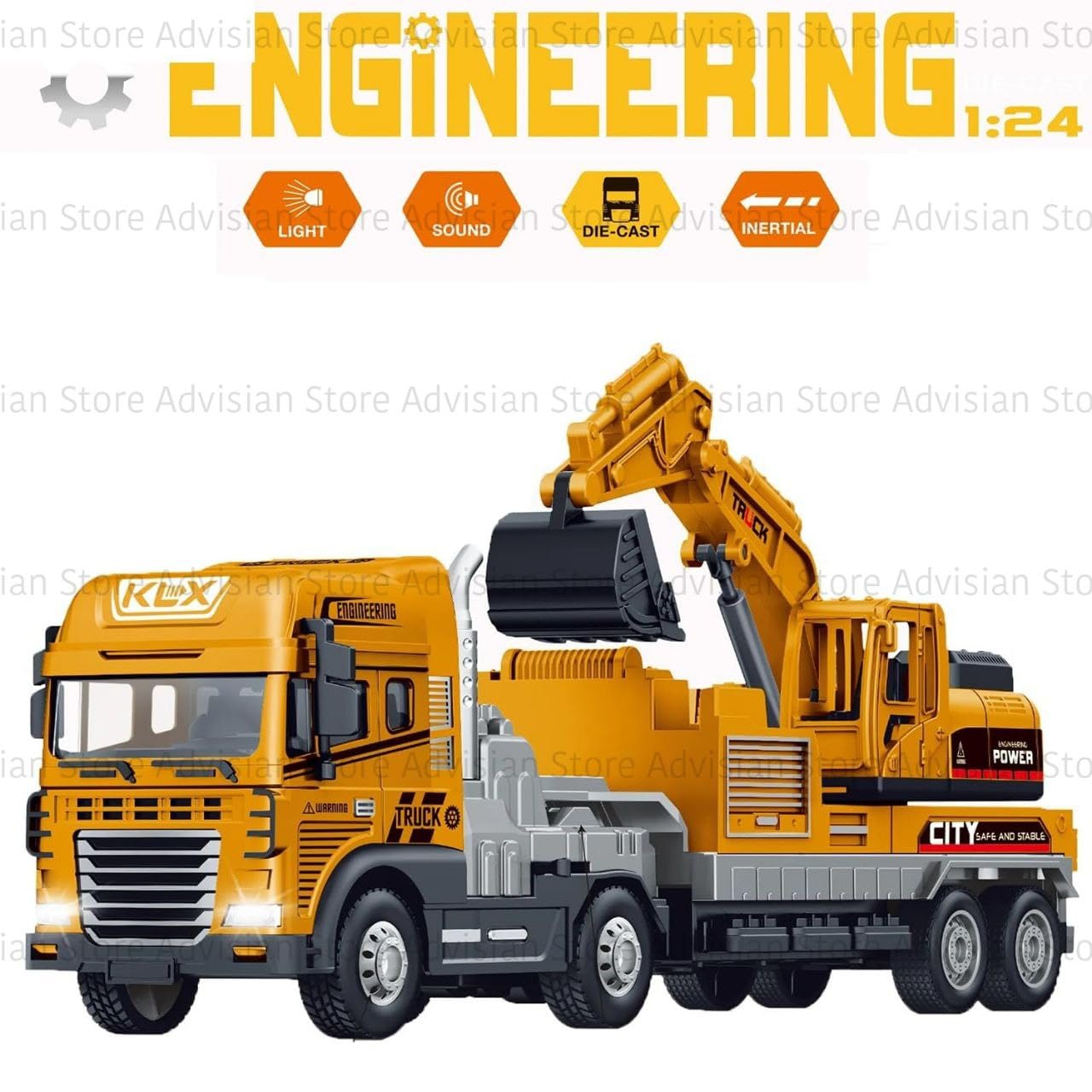 Advisian store 1:24 Excavator 4WD Friction Power Large Transport Truck with Lights and Sounds Alloy Diecast Truck Toy Best Birthday Gift for Kids (Pack of 1) (1:24 Excavator Truck) 4