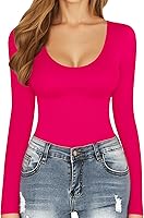 Vista 39 de MANGOPOP Long Short Sleeve Bodysuits for Women Scoop Neck Ribbed Body Suit Stretchy Basic T Shirt Tops