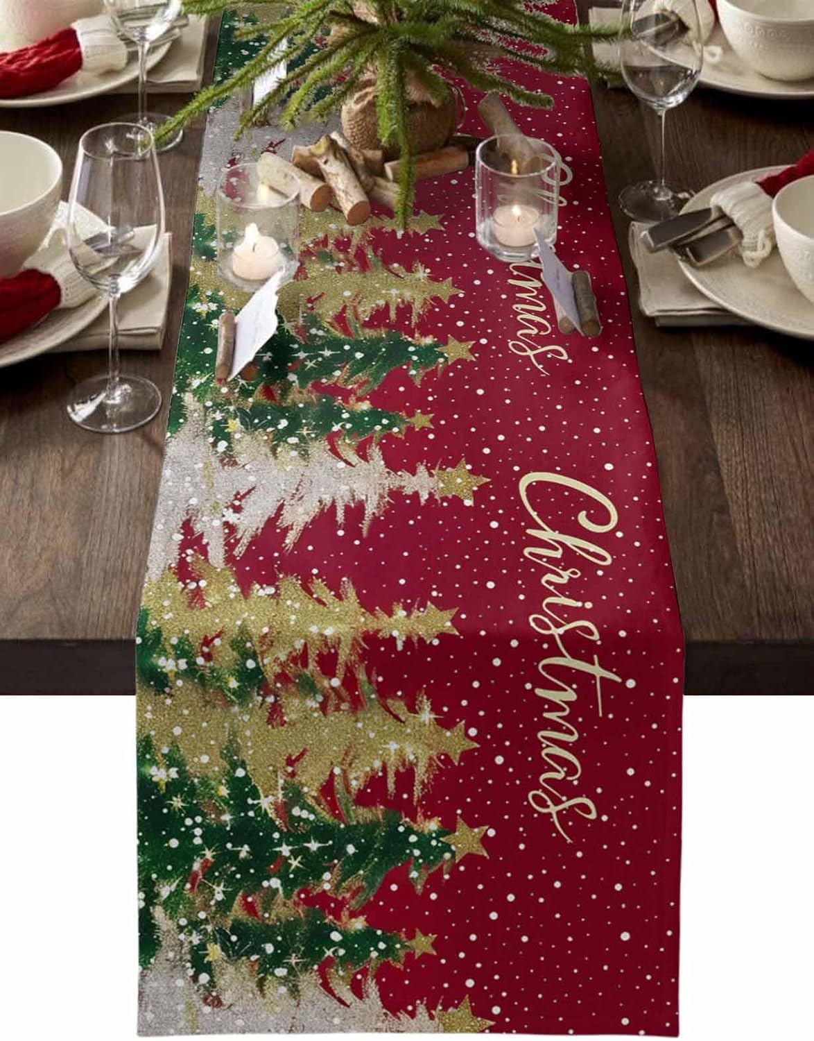 Merry Christmas Table Runner Winter Falling Snow Kitchen Dining Table Holiday Decoration Xmas Tree Dark Red Table Cover for Indoor Outdoor Home Party Decor 13 x 108 Inch