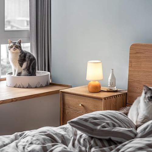 Miniatura 2 de Moderna lámpara de mesita de noche, pequeña lámpara de mesita de noche, lámpara de noche para dormitorio con pantalla de tela y acabado de madera,