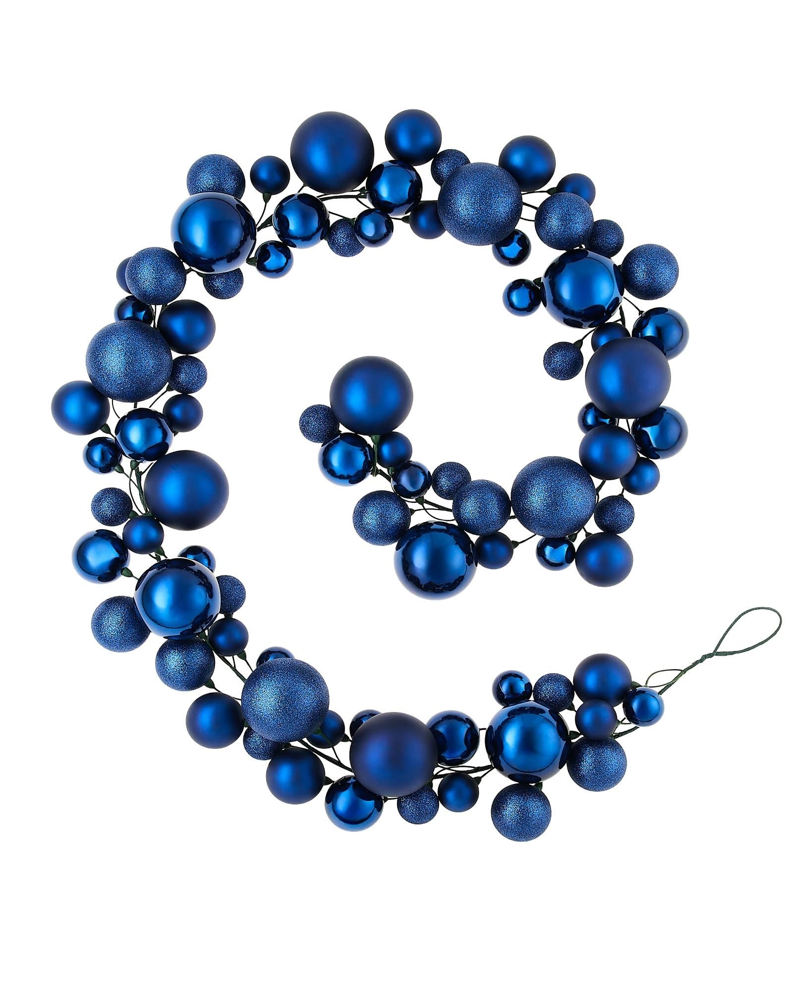 Navy Blue Bauble Tree Garland – 9 ft Christmas Decoration with 84 Baubles in Mixed Finishes