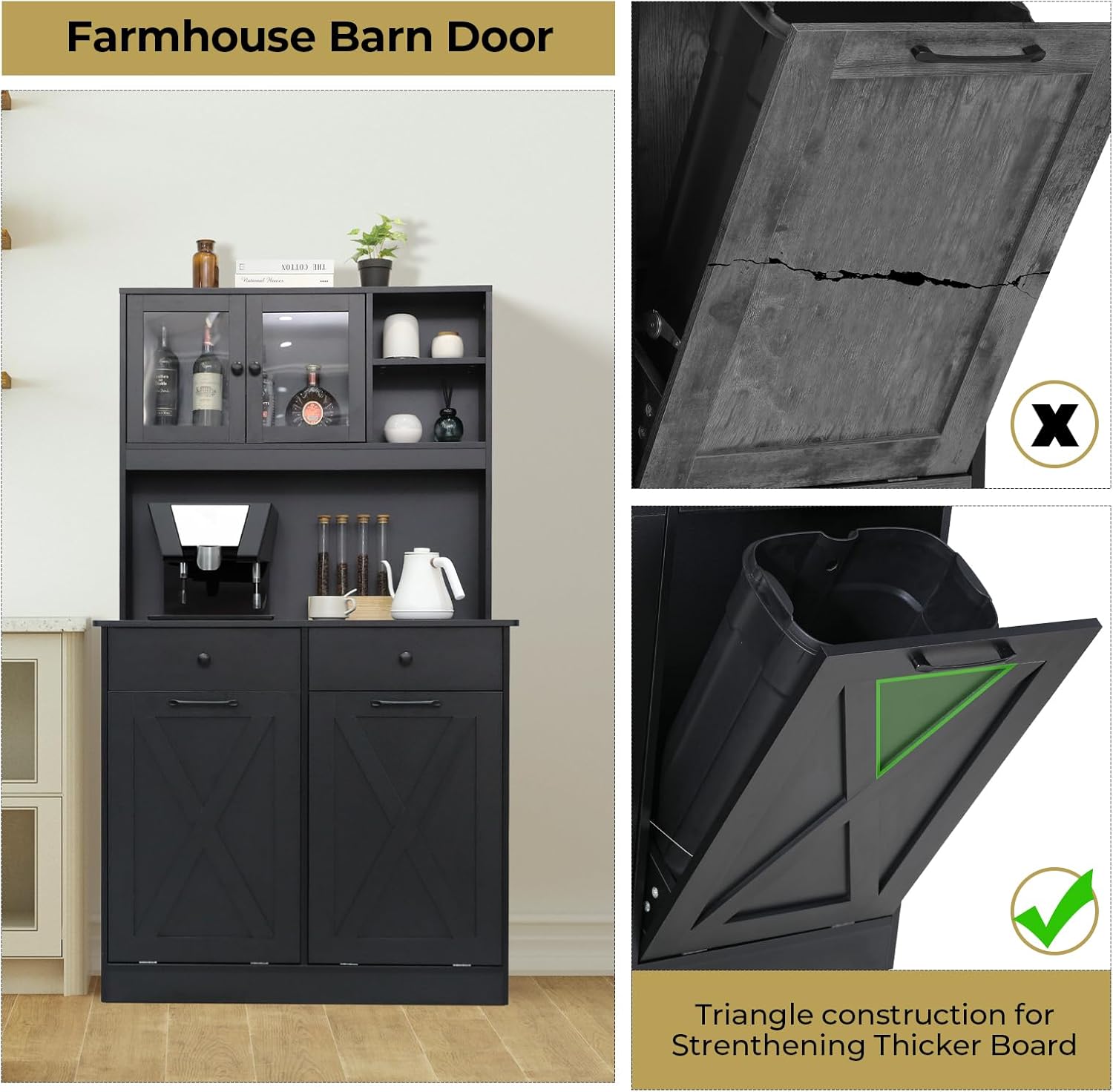 Arlopu Dual Tilt Out Trash&Storage Cabinet, Kitchen Sideboard Cupboard W/Pet Proof 10X2 Gal Hidden Garbage Holder, Freestand Laundry Sort Cabinet, W/Drawer, Shelves,Barn Door (Black)