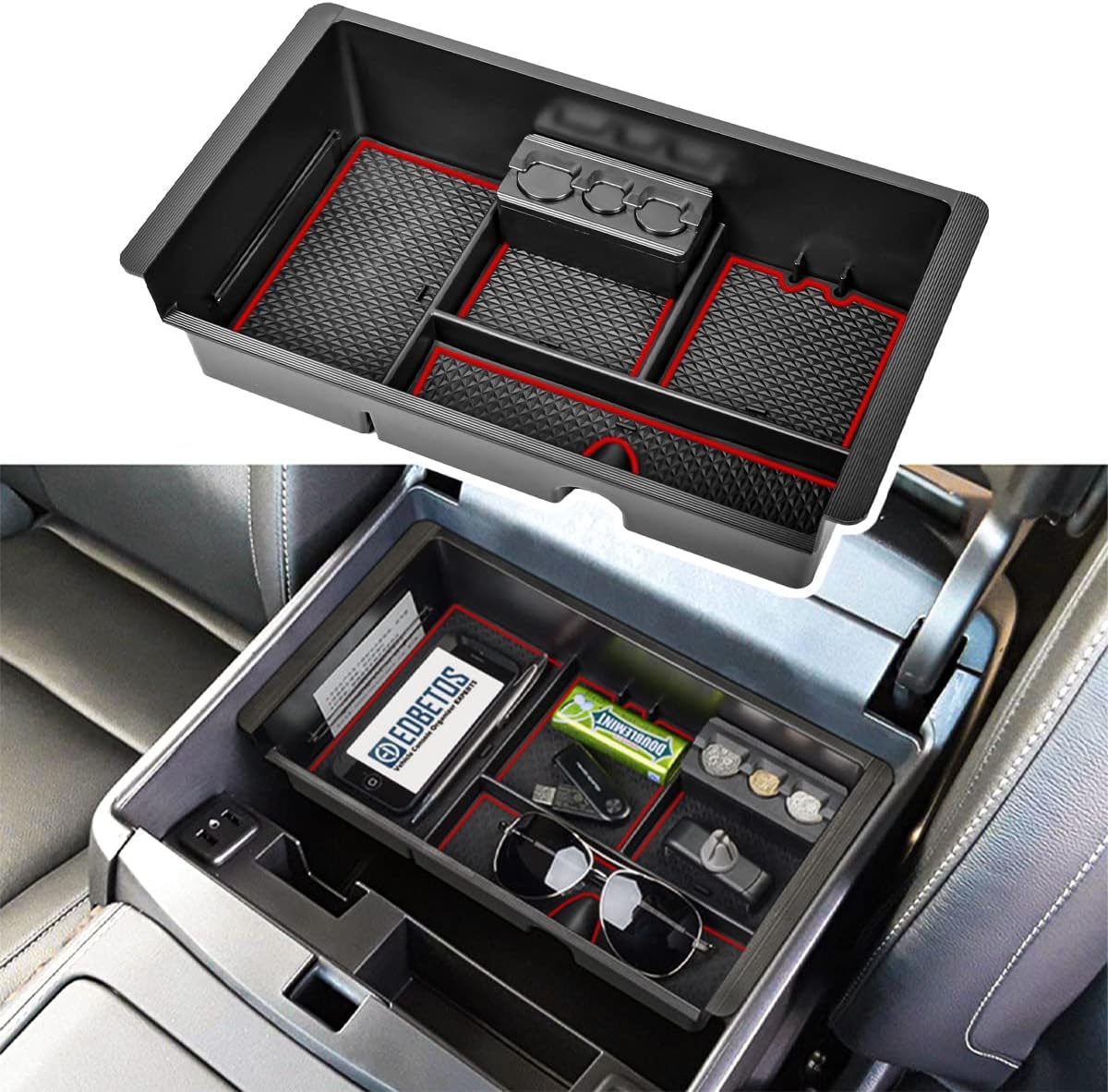 EDBETOS Center Console Organizer Tray Compatible with GMC Sierra 1500 Accessories/Silverado 1500 2014-2018 / Silverado 2500/3500 HD 15-19 /Suburban/Tahoe/Yukon 15-20 Armrest Storage Box (Red Trim)
