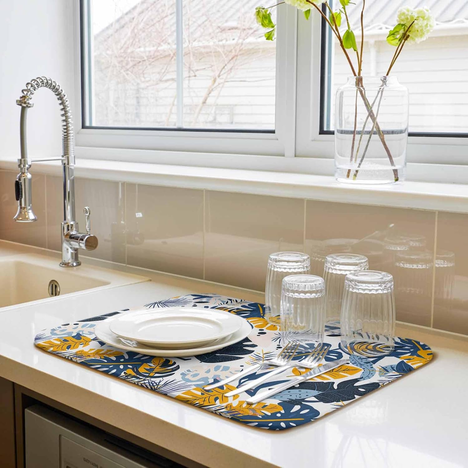 Summer Tropical Plants Dish Drying Mats for Kitchen Counter,Absorbent Microfiber Dish Drainer Rack Mat Pastoral Yellow Blue Leaves Drying Pad for Sinks,Utensils,Countertops,18x24in