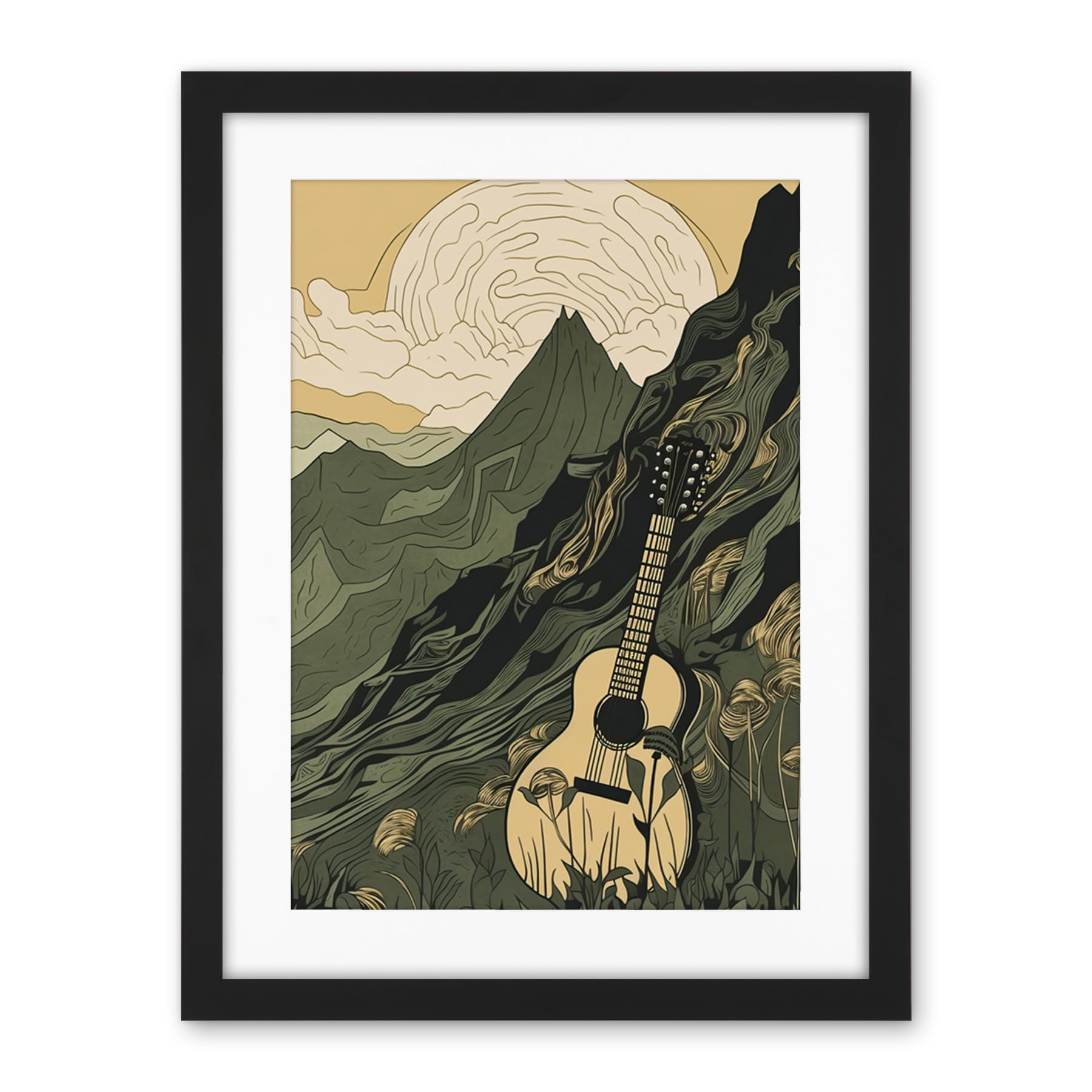 Artery8 Guitar on Mountain Landscape Morning at Campsite Artwork Framed Wall Art Print 18X24 Inch