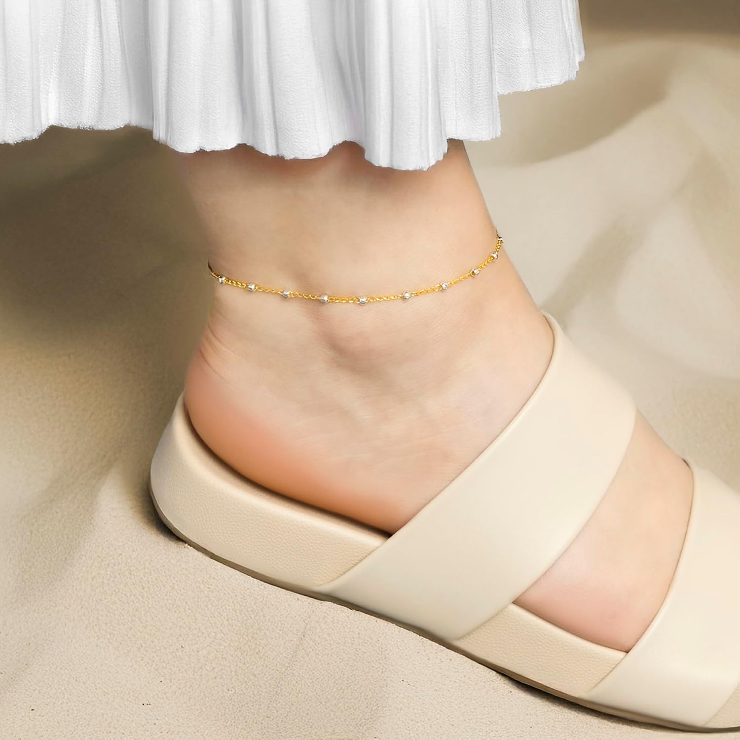 Amberta Italian Sterling Silver Anklet for Women 925 | Adjustable Ankle Bracelets for Women Beaded Heart Summer Jewelry