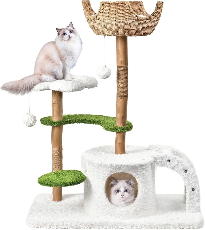 Árvore para Gatos Easyego em Madeira Natural com Arranhadores e Plataformas Florais Branca e Verde 66,8 cm