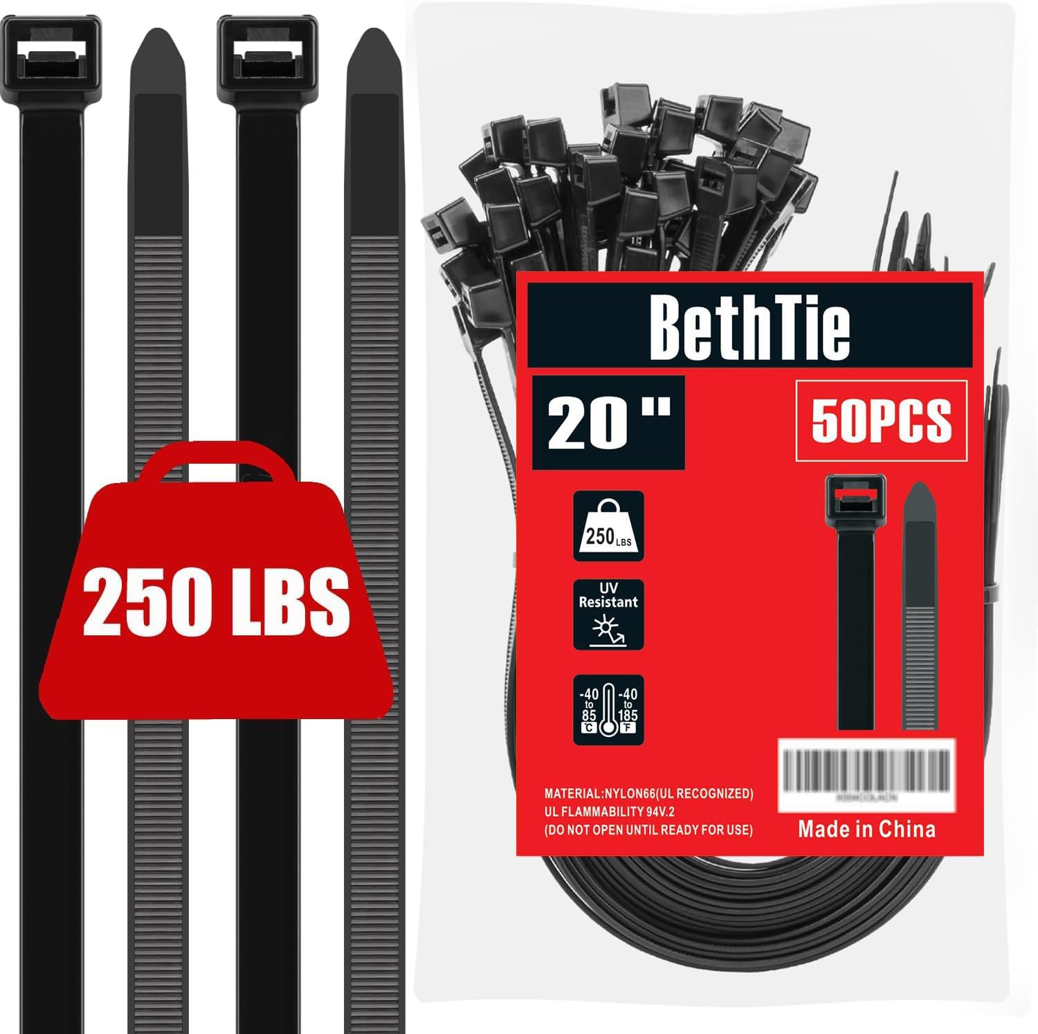 BethTie 20 Inch Black Long Zip Ties Heavy Duty 50 Pack, 250 LBS Ultra Strong Plastic Wire Ties, Large Cable Ties Extra Long Tie Wraps For Indoor and Outdoor Use