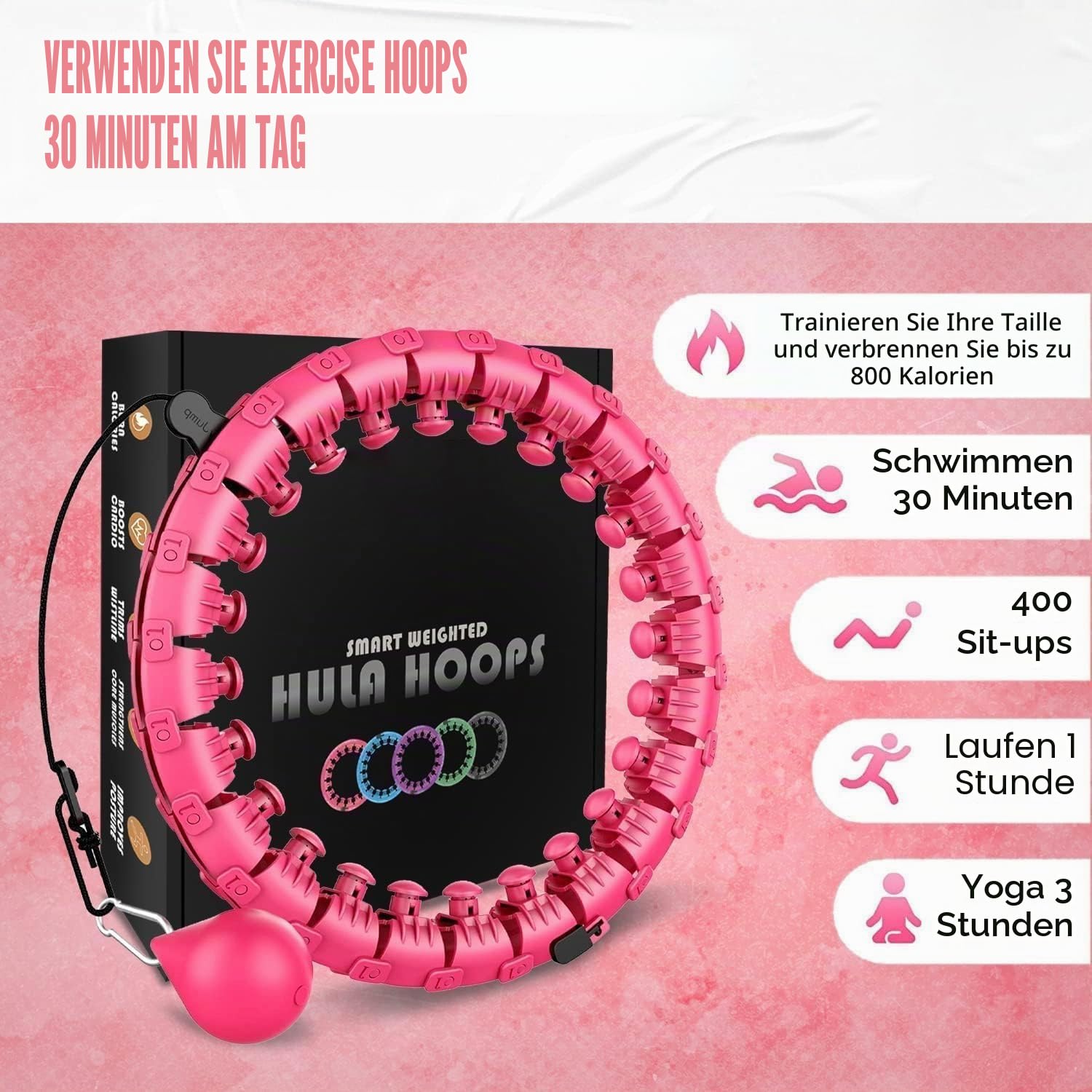 Smart Hula Ring Hoops, gewichteter Hula Circle 24, Abnehmbarer Fitnessring mit 360-Grad-Auto-Spinning-Ball, Gymnastik, Massage, Fitness für Erwachsene zur Gewichtsabnahme