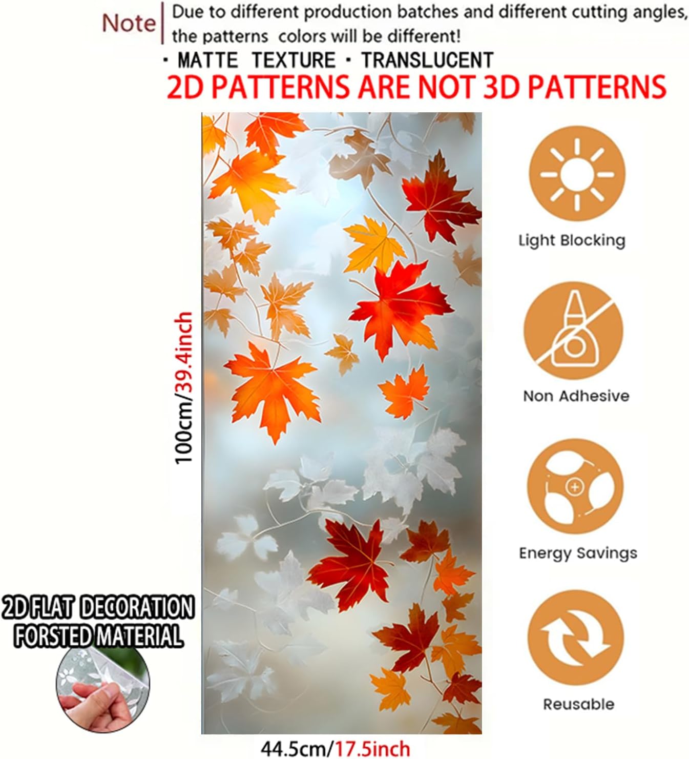 Nuxovilar Frosted Glass Maple Leaf Window Film, 17.7×39.4inch, Autumn Leaf Pattern Static Cling for Home & Decor (Sparkle)