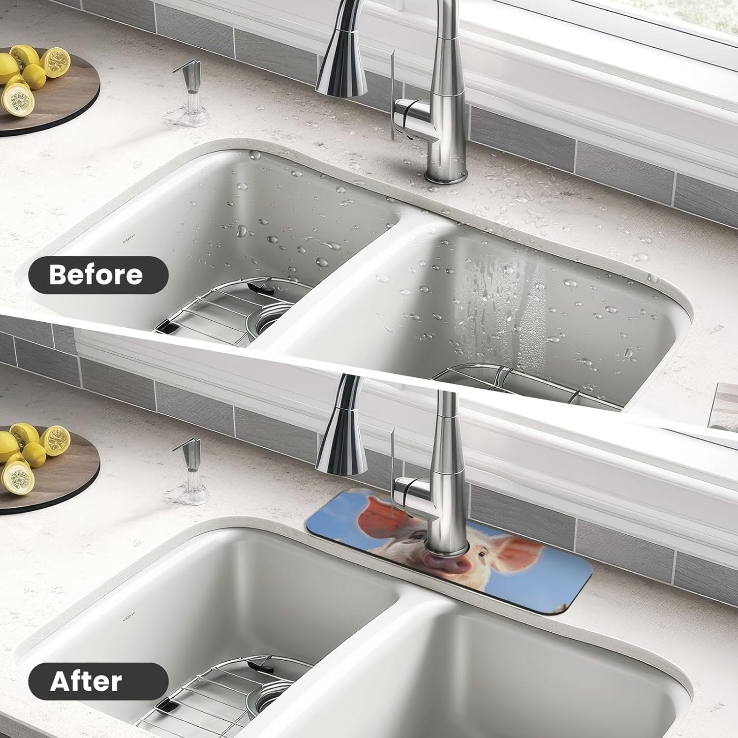 Splash Guard Mat For Kitchen Sink , Super Absorbent Fast Drying Faucet Mat Cute Pig Draining Mats Sink Gadgets Behind Faucet Sinkmat For Kitchen Bathroom 15"X5.5" image 4