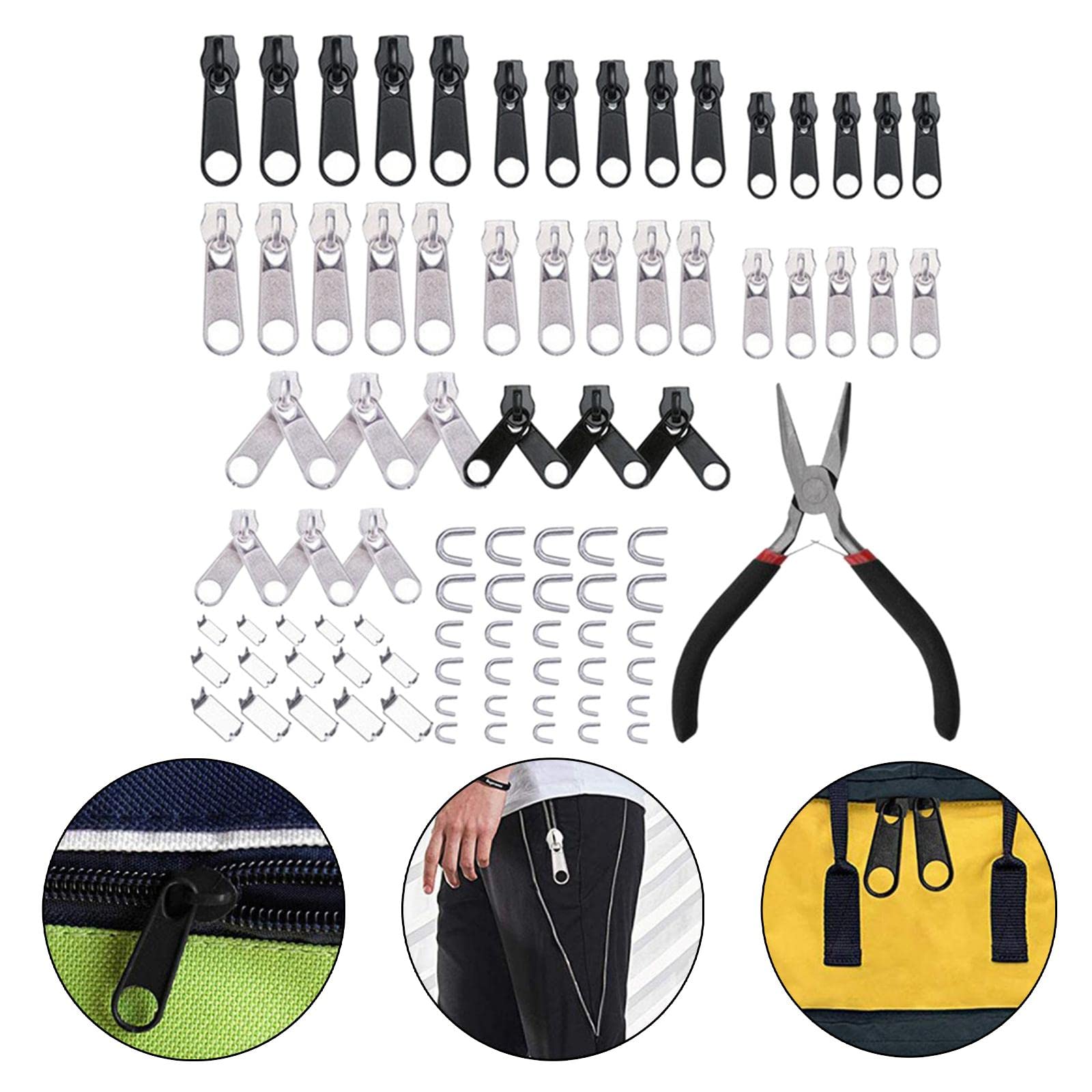 Kit de reparación de cremallera con alicates de instalación de cremallera para jeans, chaquetas, mochilas, 85 piezas, 85 piezas