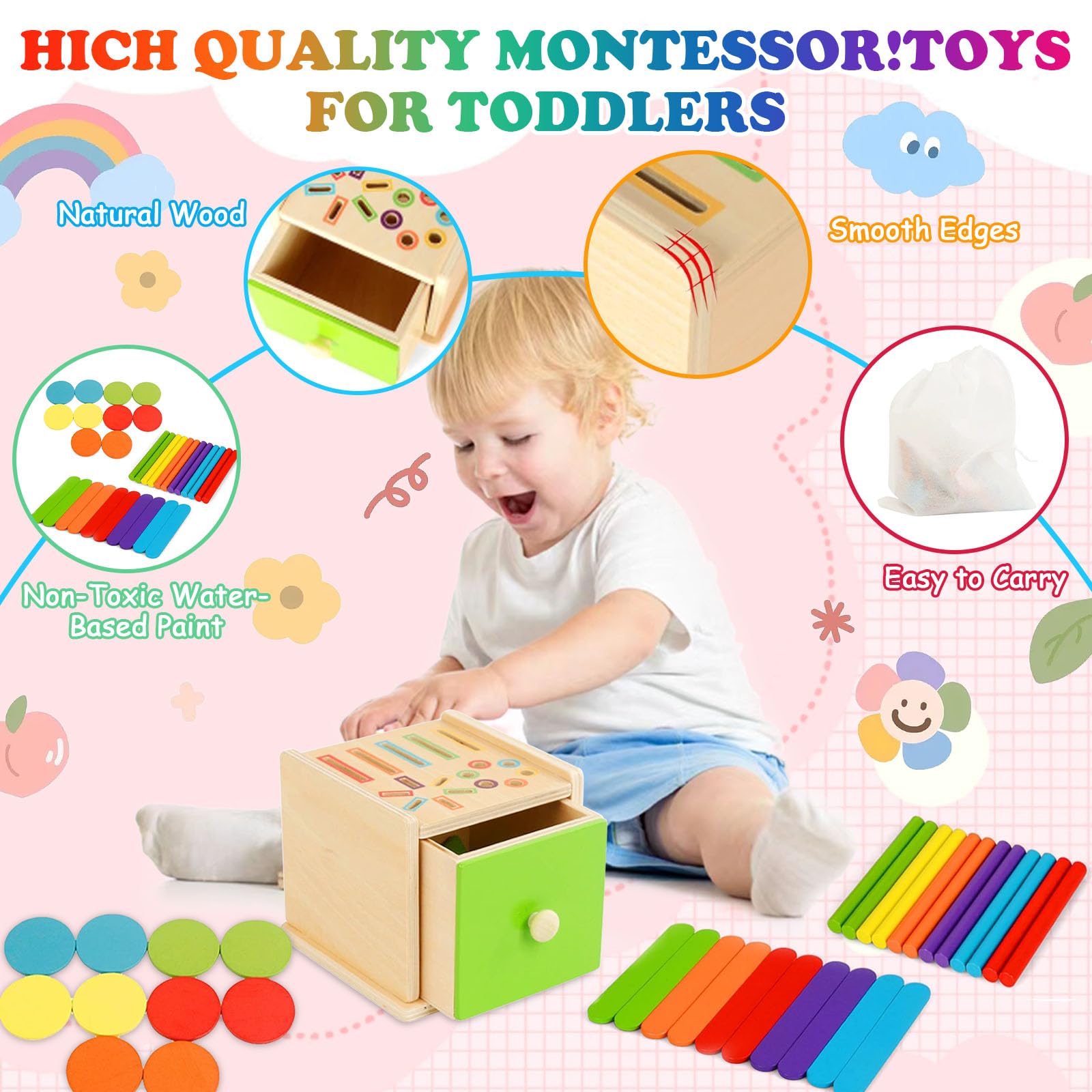 Toddlers Montessori Coin Box Toys, Wooden Montessori Toys for 1 2 3 ...