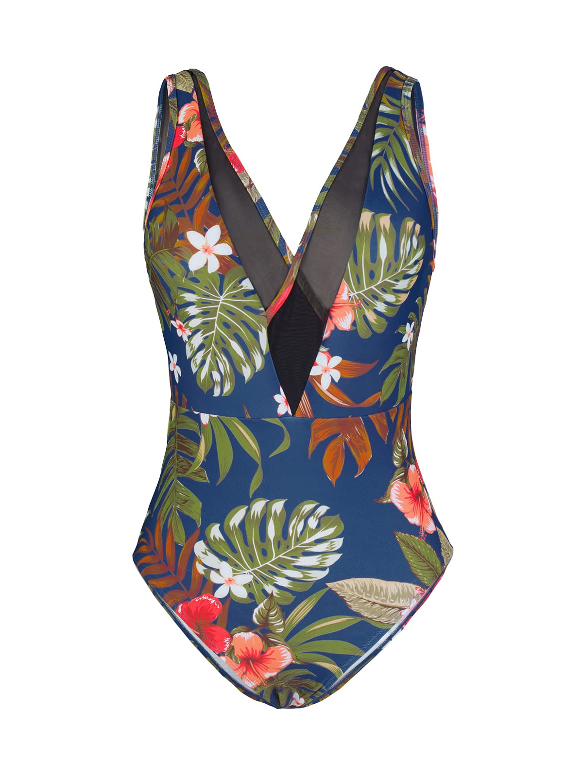 Women Swimsuit One Piece Mesh V Neck Crossciss Fixed Wide Straps Mid Cut  Swimwear Tummy Control Vintage Swimming Costume