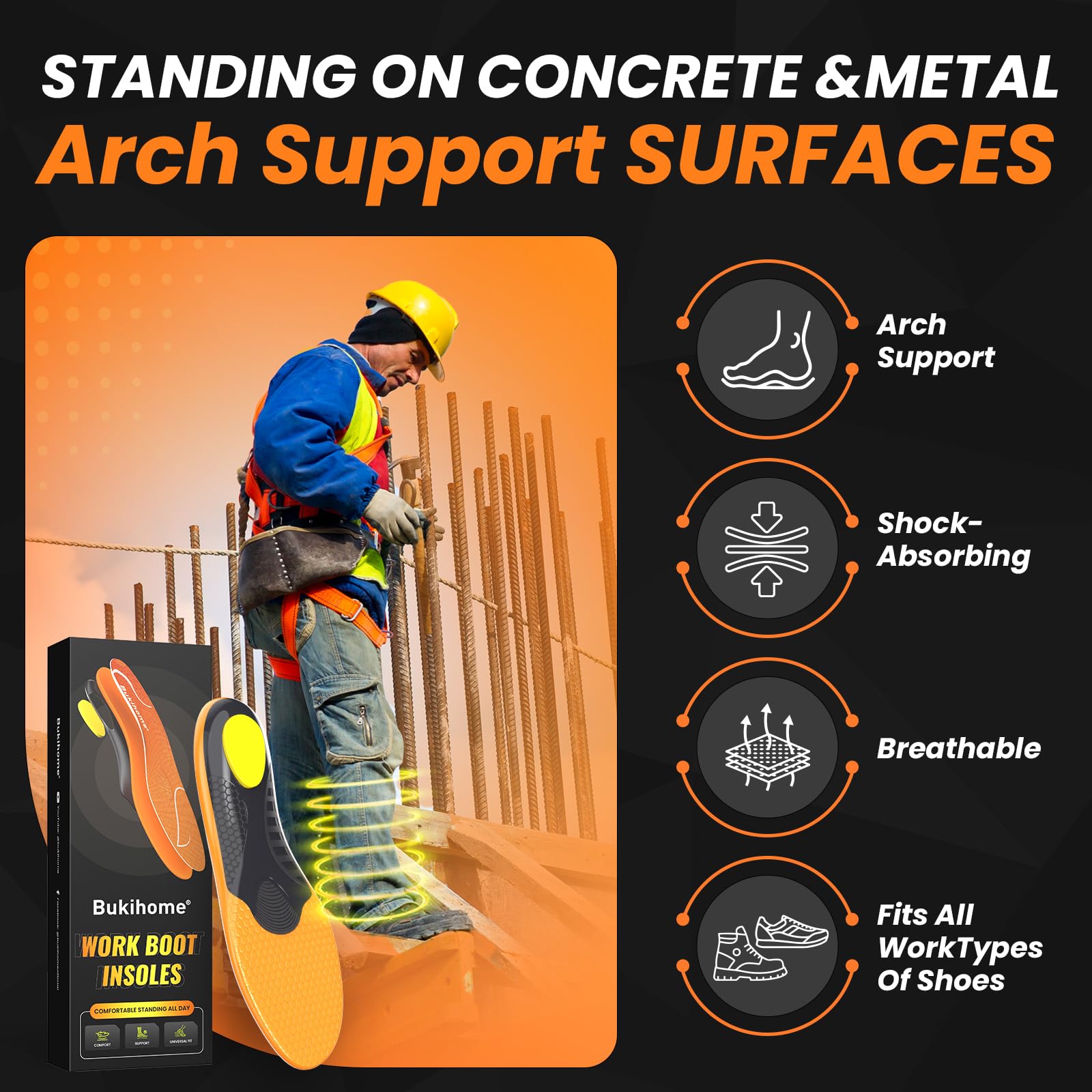 Bukihome Plantillas para botas de trabajo para construcción y estar de pie todo el día, plantillas ortopédicas resistentes con absorción de impactos, soporte de arco y reducción de fatiga, soporte