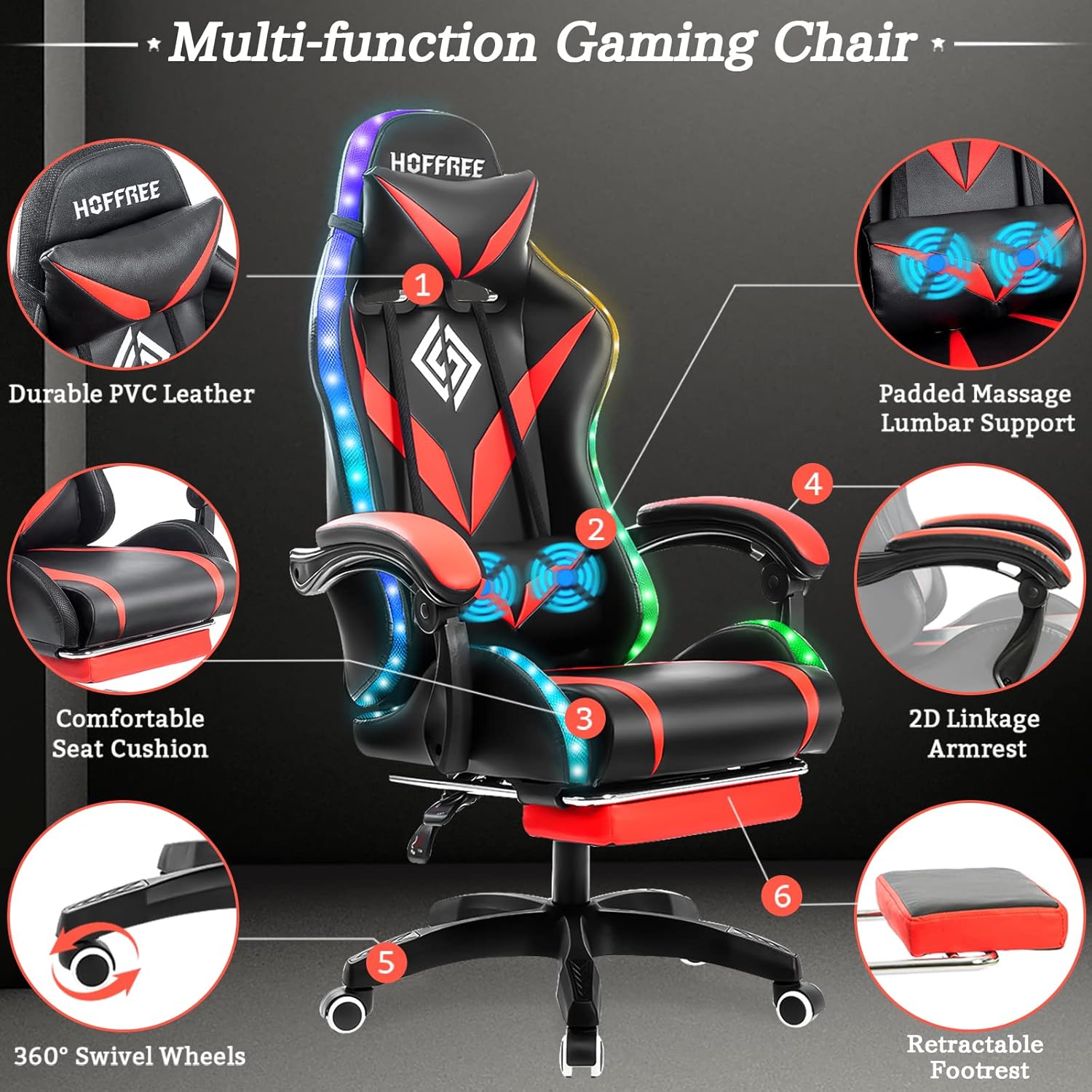 71UTA-VimvL._AC_SL1500_ RGB Gaming Chair with Massage and LED Lights Ergonomic Computer Chair with Footrest High Back Video Game Chair with Adjustable Lumbar Support Linkage Armrest Red and Black