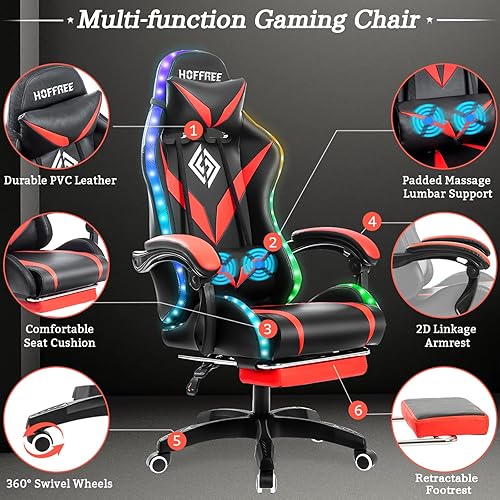 Miniatura 4 de HOFFREE - Silla para juegos con luces LED RGB, silla ergonómica de masaje para videojuegos con reposapiés, respaldo alto reclinable, silla de