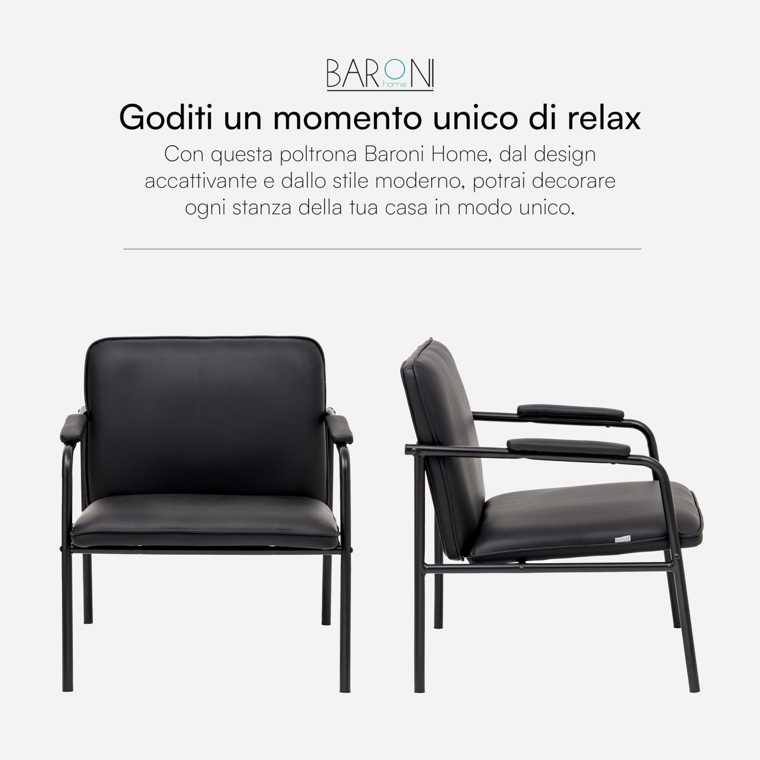 Baroni Home Poltrona in Ecopelle con Struttura in Ferro Design Moderno di Metà Secolo, Seduta Relax per Salotto, Camera da Letto, Ufficio, 78x59x64 cm, Nera