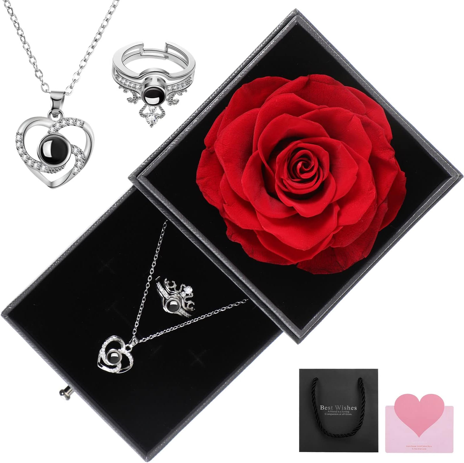 Gift for Mom Real Rose Necklace Gift Set, I Love You Necklace Ring Jewelry Gift Set in 100 Languages Romantic Gift for Her on Mother's Day Valentine's Day, Anniversaries Birthday (Silver)