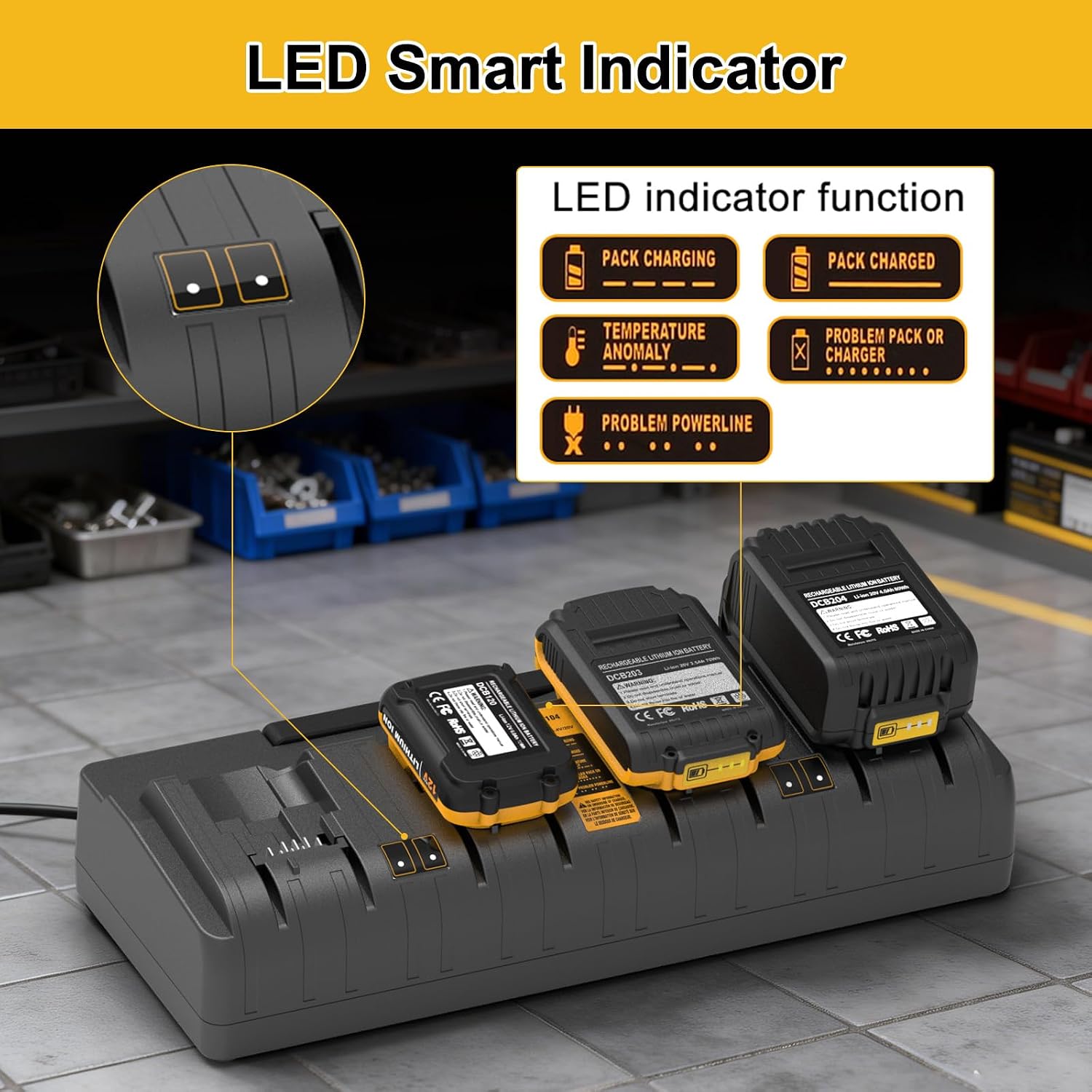 DCB104 Multi Battery Charger, 4 Port Fast Charger Station Compatible with Dewalt 12V MAX / 20V MAX Batteries DCB122 DCB124 DCB126 DCB201 DCB203 DCB204 DCB206 Wall Mountable