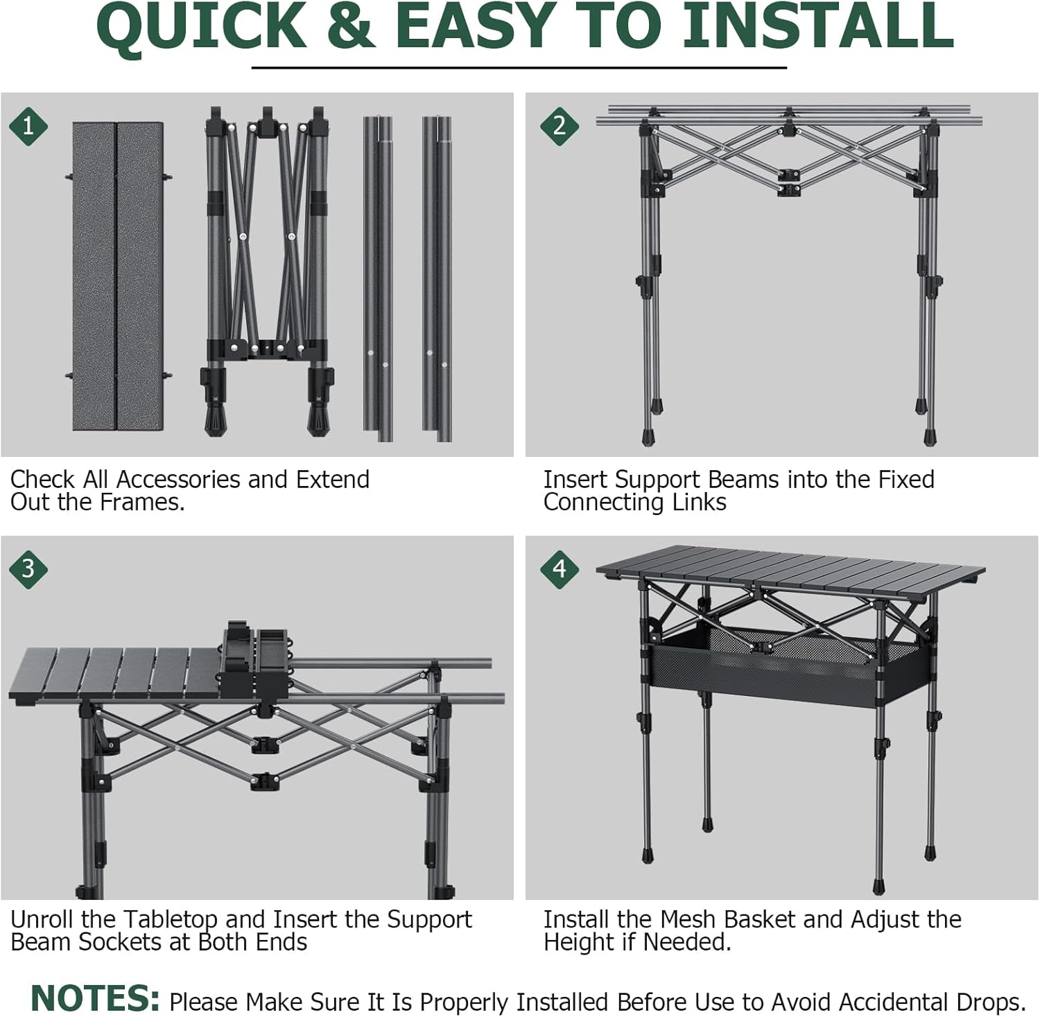 Folding Camping Table Portable Pinic Table 2 Level Height Adjustable Roll-up Tables Aluminum Foldable Camp Table with Storage Bag 4-6 Person Large Tables for Outdoor Indoor Hiking Camp BBQ Beach