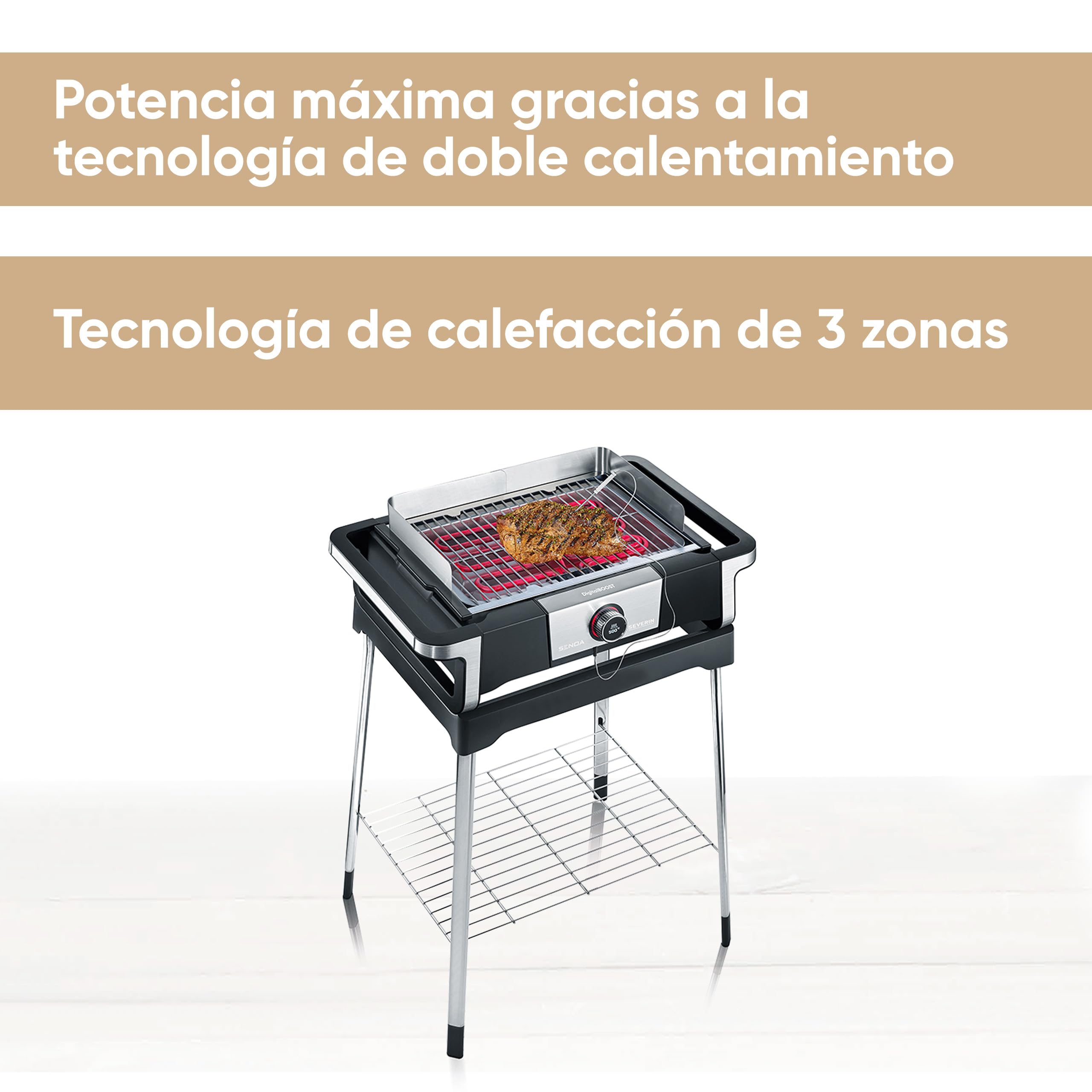 SEVERIN Barbacoa SENOA DigitalBOOST S con parrilla de acero inoxidable, parrilla eléctrica de pie con pantalla OLED digital, mini barbacoa sin riesgo de quemaduras, negro, PG 8118