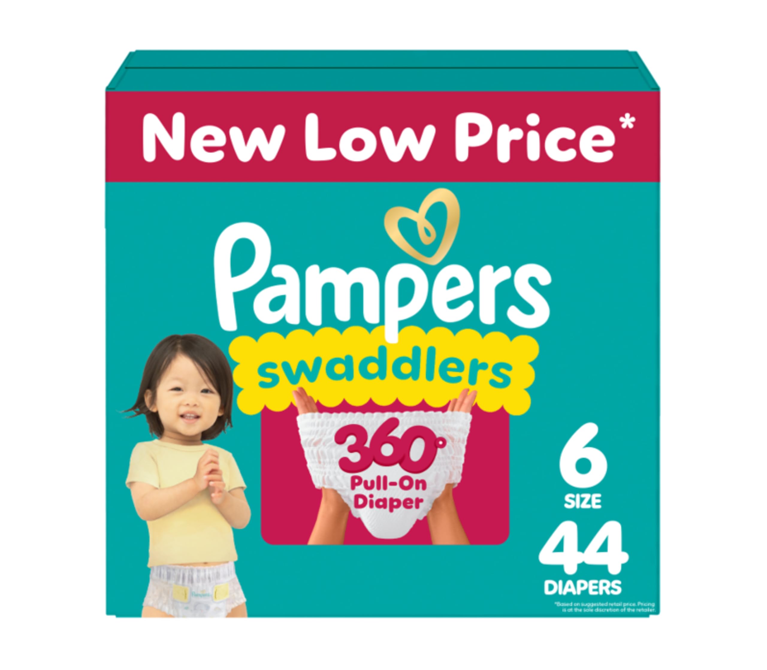 Pampers Diapers - Swaddlers 360° - Size 6, 44 Count, up to 100% Leakproof Comfy Dry Fit, Designed for Easy Changes, Pull On Baby Diaper (Packaging May Vary)