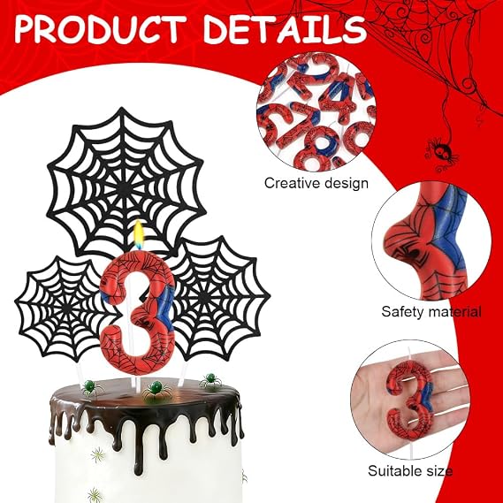 Spider Theme Party Candles, Birthday Number Candle with 3Pcs Spider Web, Cake Topper Candle for Boys Girls Themed Birthday Halloween Party Decorations (Number 3)