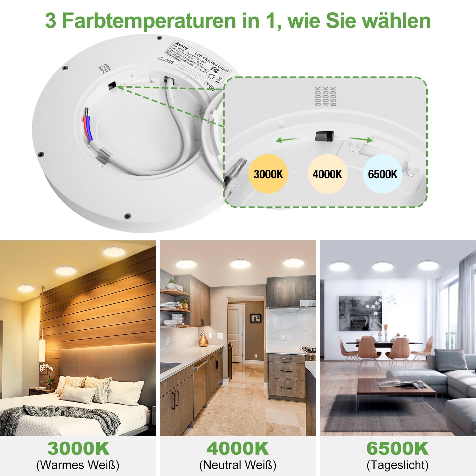 zemty [4 Pezzi/3 Colori 3000/4000/6500K Plafoniera LED Soffitto, 15W 1800LM Ø18cm Plafoniera Bagno Soffitto, Plafoniere IP44 Lampada LED Soffitto per Camera da Letto Cucina