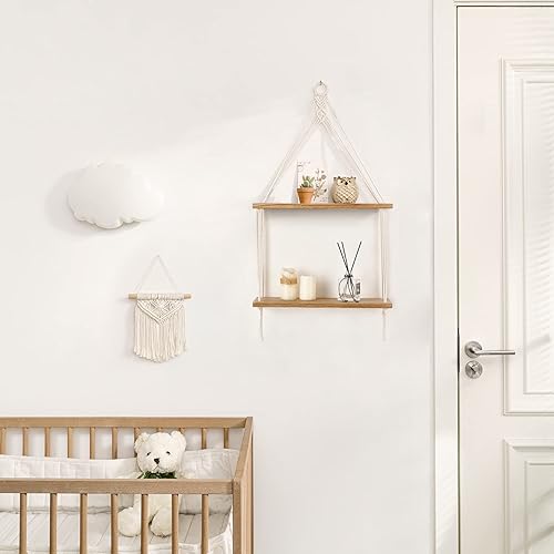 Miniatura 2 de Mkono Estante colgante de pared de macramé, estantes flotantes de madera de 3 niveles y cuerda de algodón hecha a mano de 2 niveles, estantes