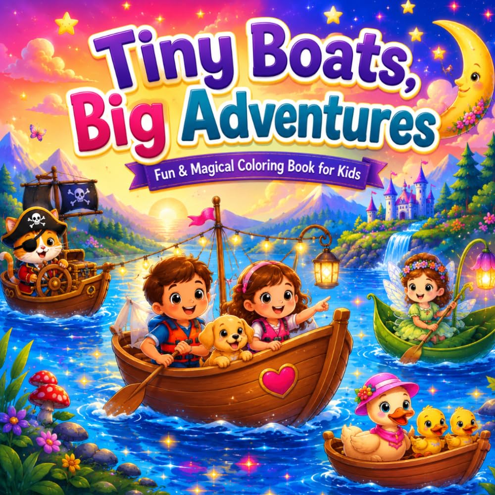 Tiny Boats, Big Adventures: Cute and Easy Coloring Pages with Magical Boats, Friendly Animals, Mermaids, Princesses and Fantasy River Adventures for Kids Ages 4-9