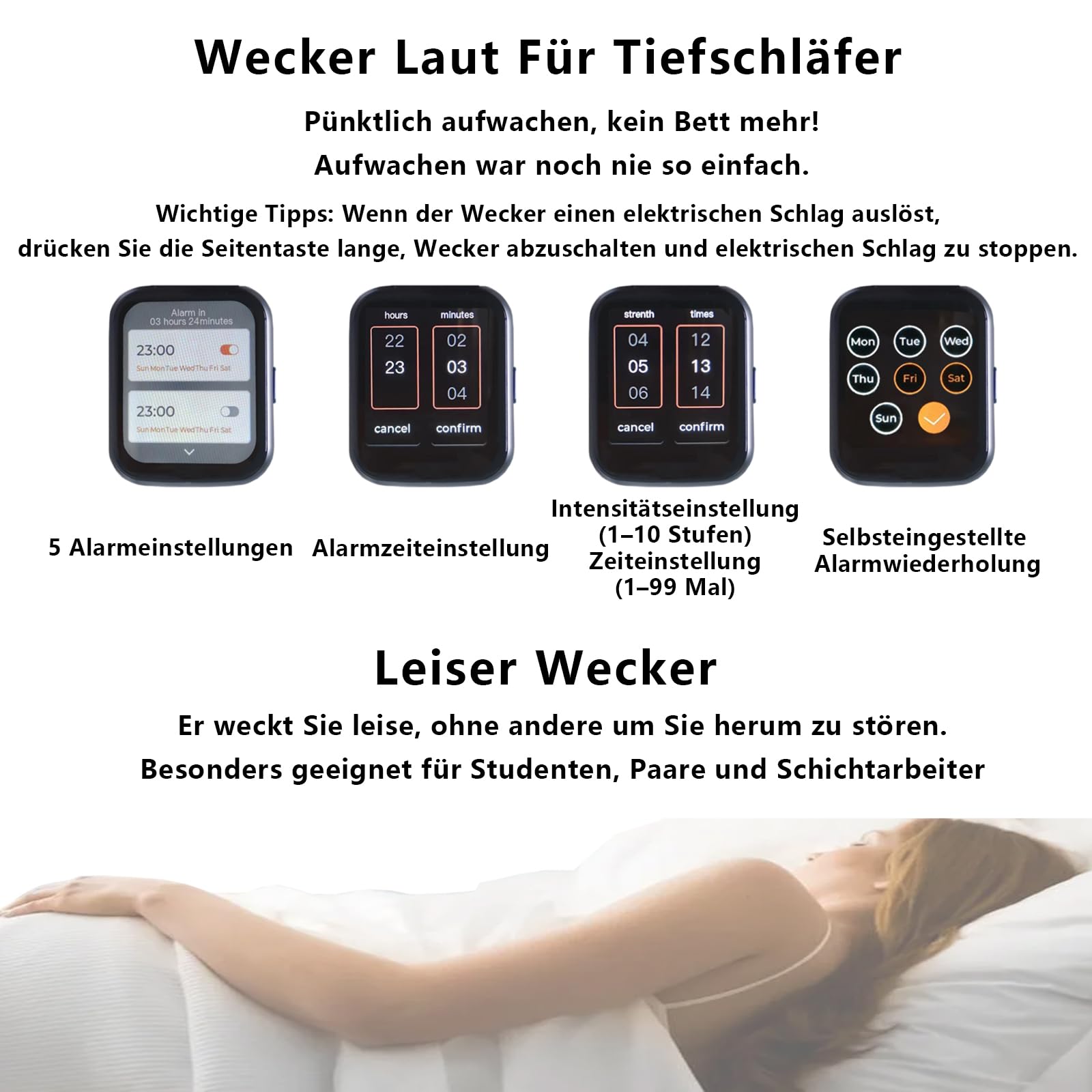 Wecker für Tiefschläfer und Schwerhörige, Digitaler Wecker Analog Ohne Ticken, Ohne Vibrationswecker und Laut Lauter Reisewecker Klein, Silent Alarm Clock Armband Uhr
