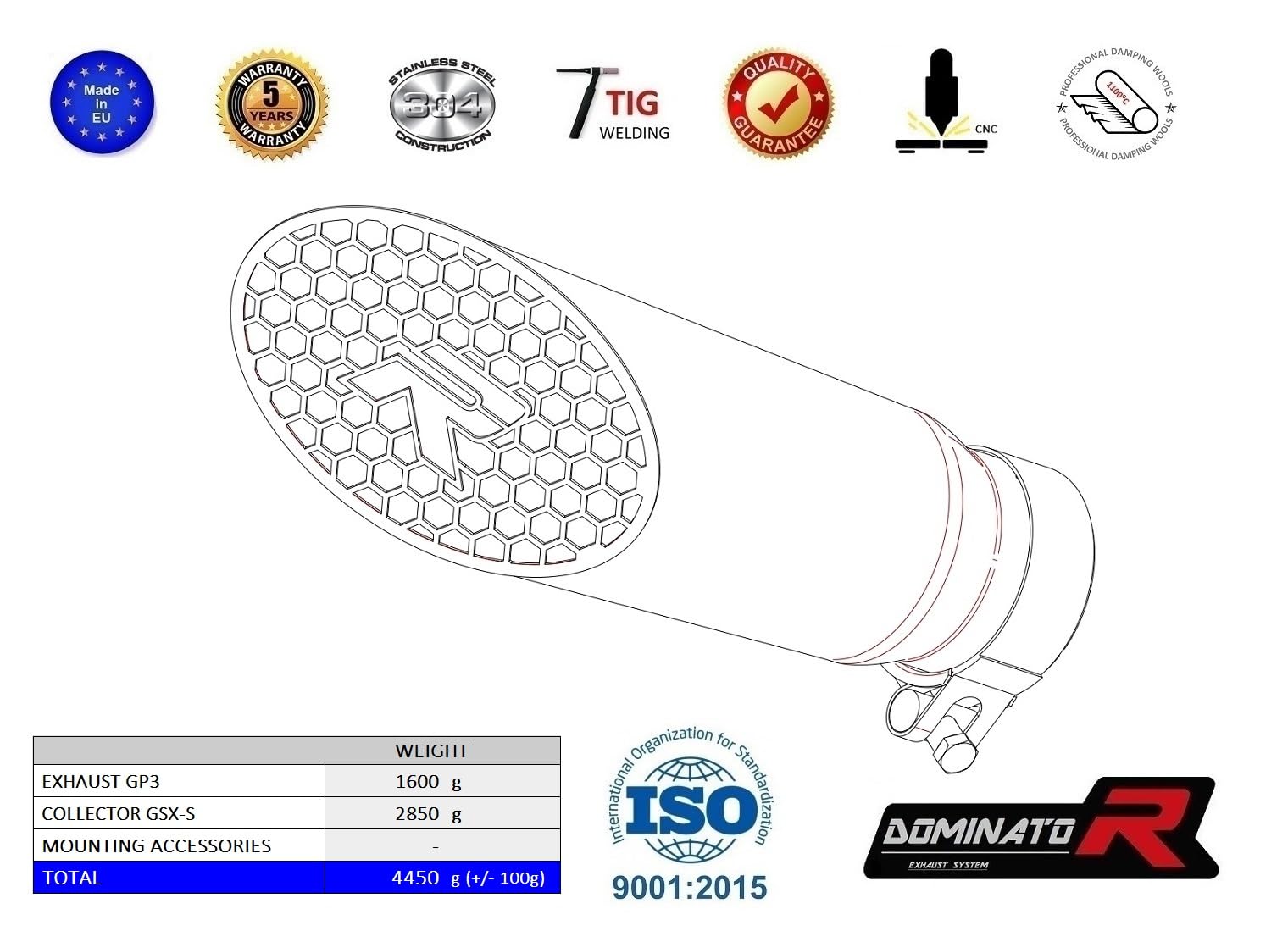 DOMINATOR Ligne complète d'échappement Collecteur Silencieux GP3 compatible avec GSX - S 1000/1000 GT / 950 2021-2023