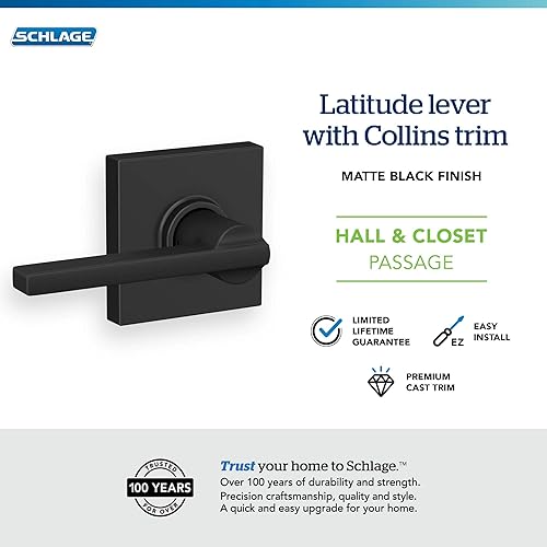 Miniatura 4 de Schlage F10 LAT 622 COL Latitude Collins - Palanca de paso para pasillo interior y armario, color negro mate