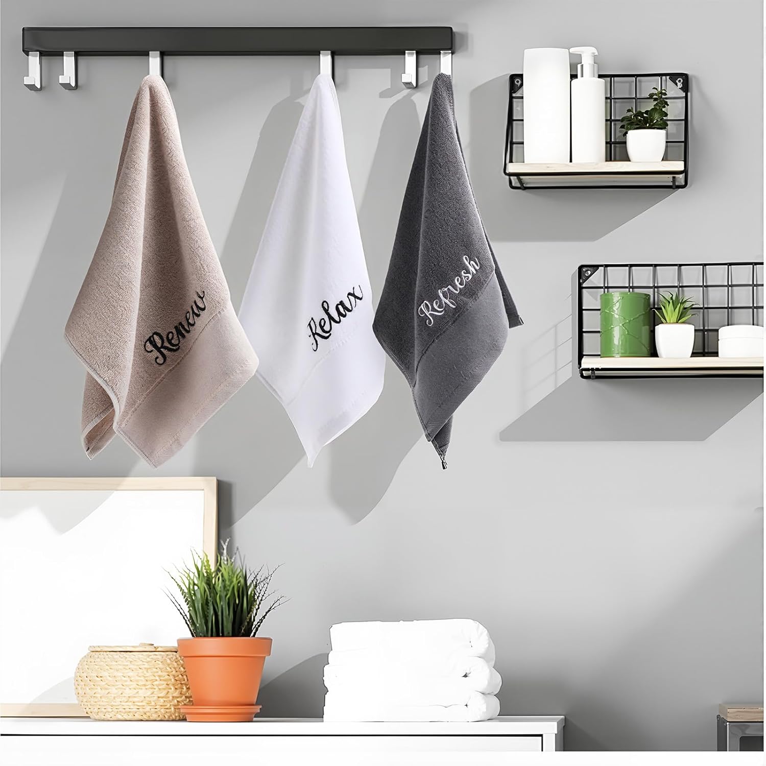 Tiamon 3 Pcs Bathroom Towels Set Decorative 100% Cotton Fluffy Hand Towel for Guest Gifts Farmhouse Accessories Home Washroom Bathroom Decor(Black, White, Gray,Relax Renew Refresh) - Image 4