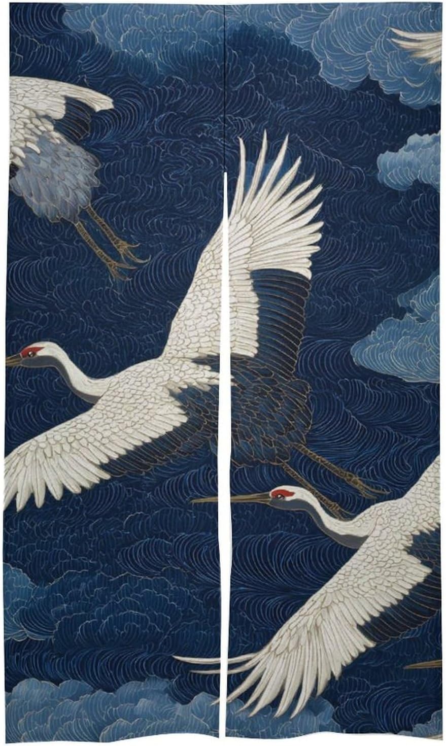 Japanese Cranes Flying Doorway Curtain Insulated Room Divider Drapes | white linen,privacy curtains