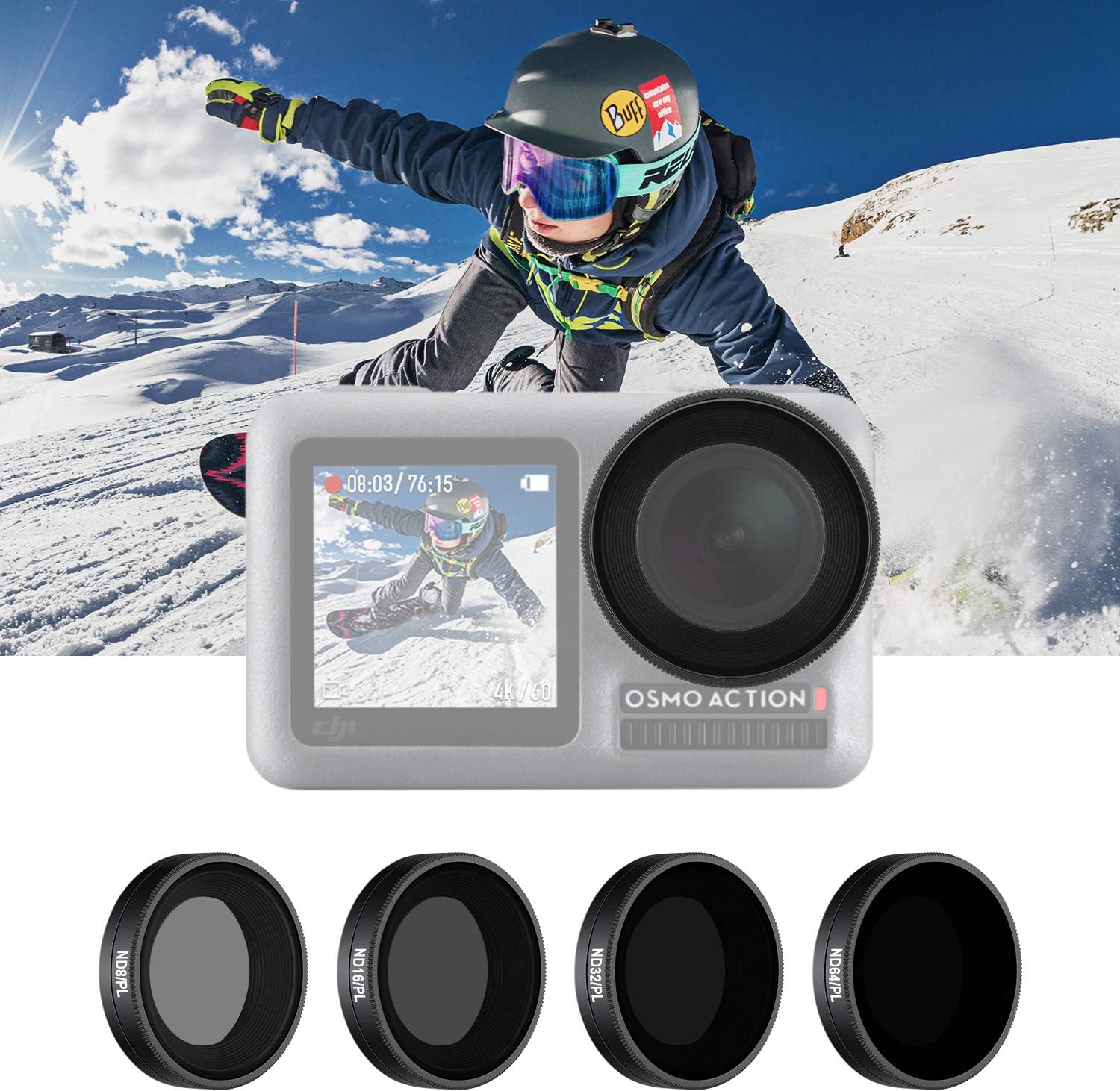 NEEWER 4 Pack Filter Set Only Compatible with DJI Osmo Action 1, Includes ND8/PL, ND16/PL, ND32/PL, ND64/PL Filter, Direct Thread in Installation, Waterproof and Oil Proof for Outdoor Sports (Black)